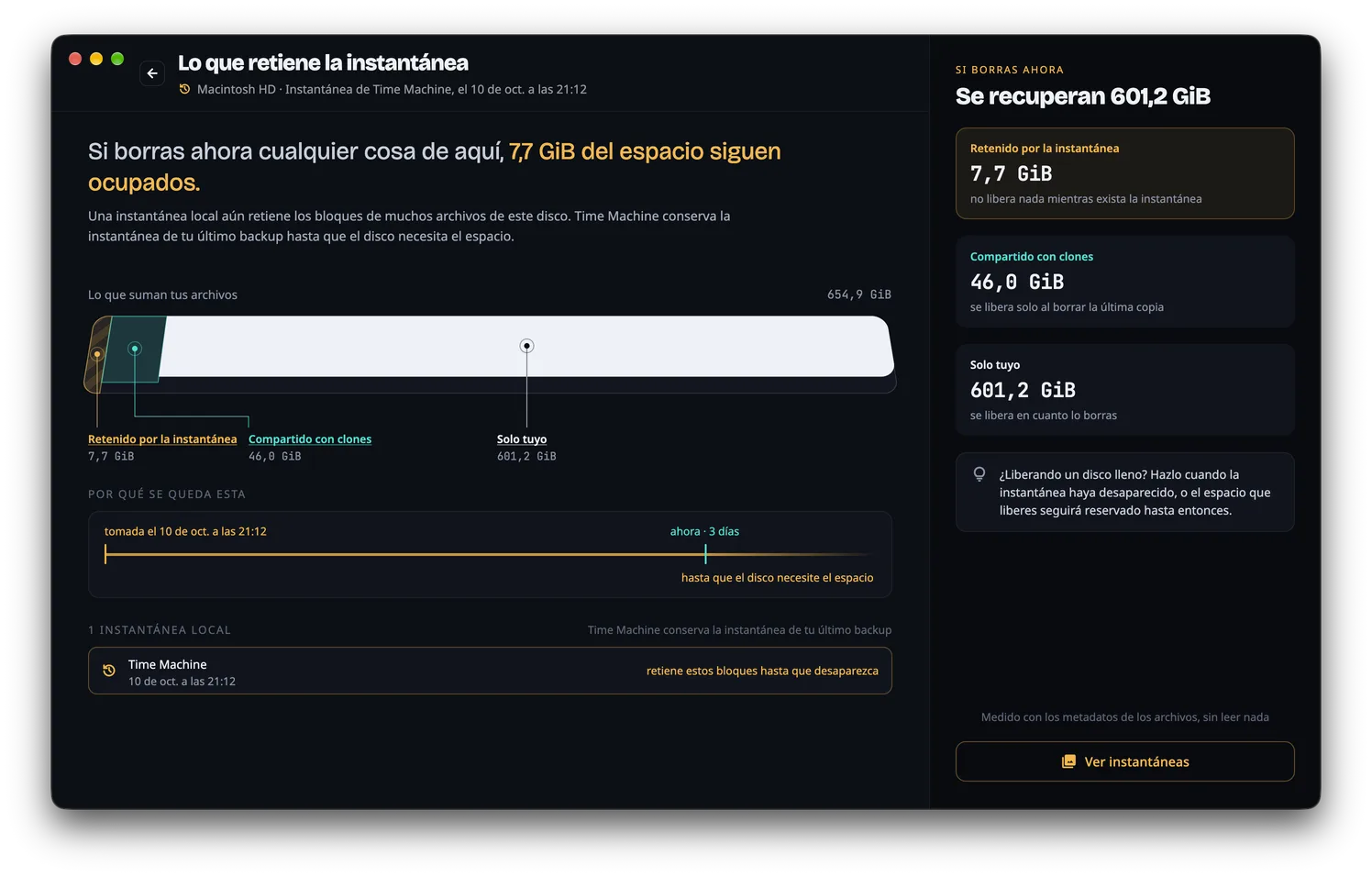 Lo que retiene la instantánea: una barra repartida en lo que retiene una instantánea, lo que comparten los clones y lo que es solo tuyo