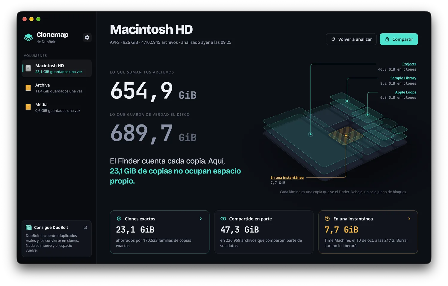 El resumen de un disco en Clonemap: lo que suman sus archivos, lo que guarda el disco y el disco como una losa de los lugares con más en clones