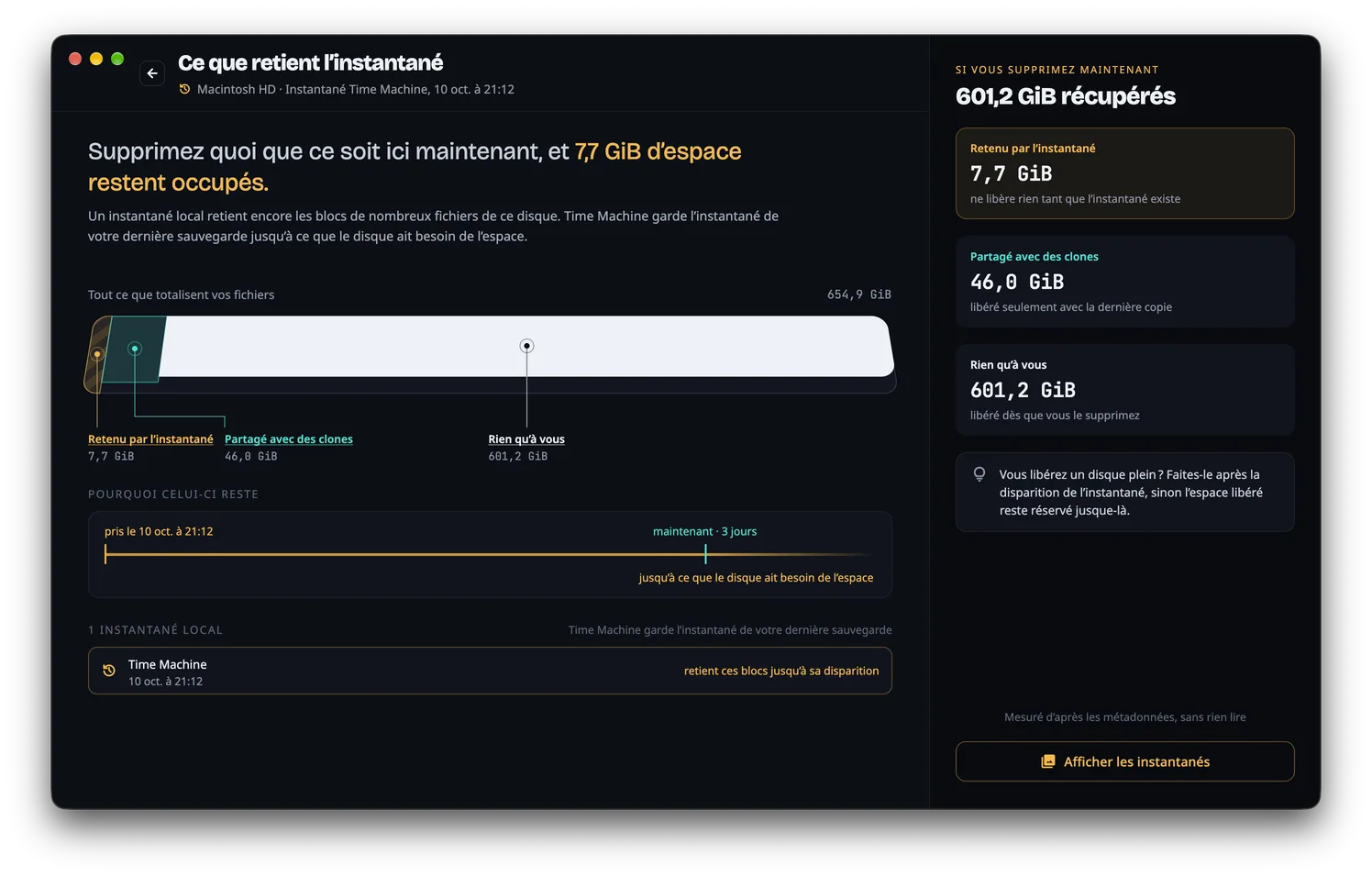 Ce que retient l’instantané : une barre répartie entre ce que retient un instantané, ce que partagent les clones et ce qui n’est qu’à vous