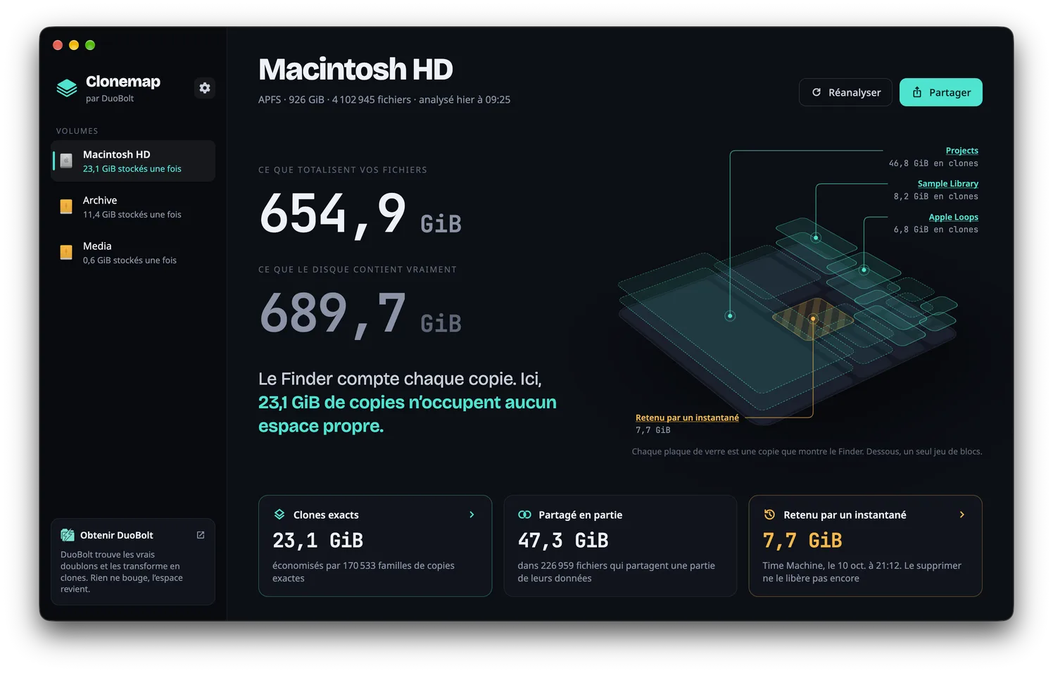 La vue d’ensemble d’un disque dans Clonemap : ce que totalisent ses fichiers, ce que contient le disque et le disque dessiné comme une dalle des emplacements les plus riches en clones