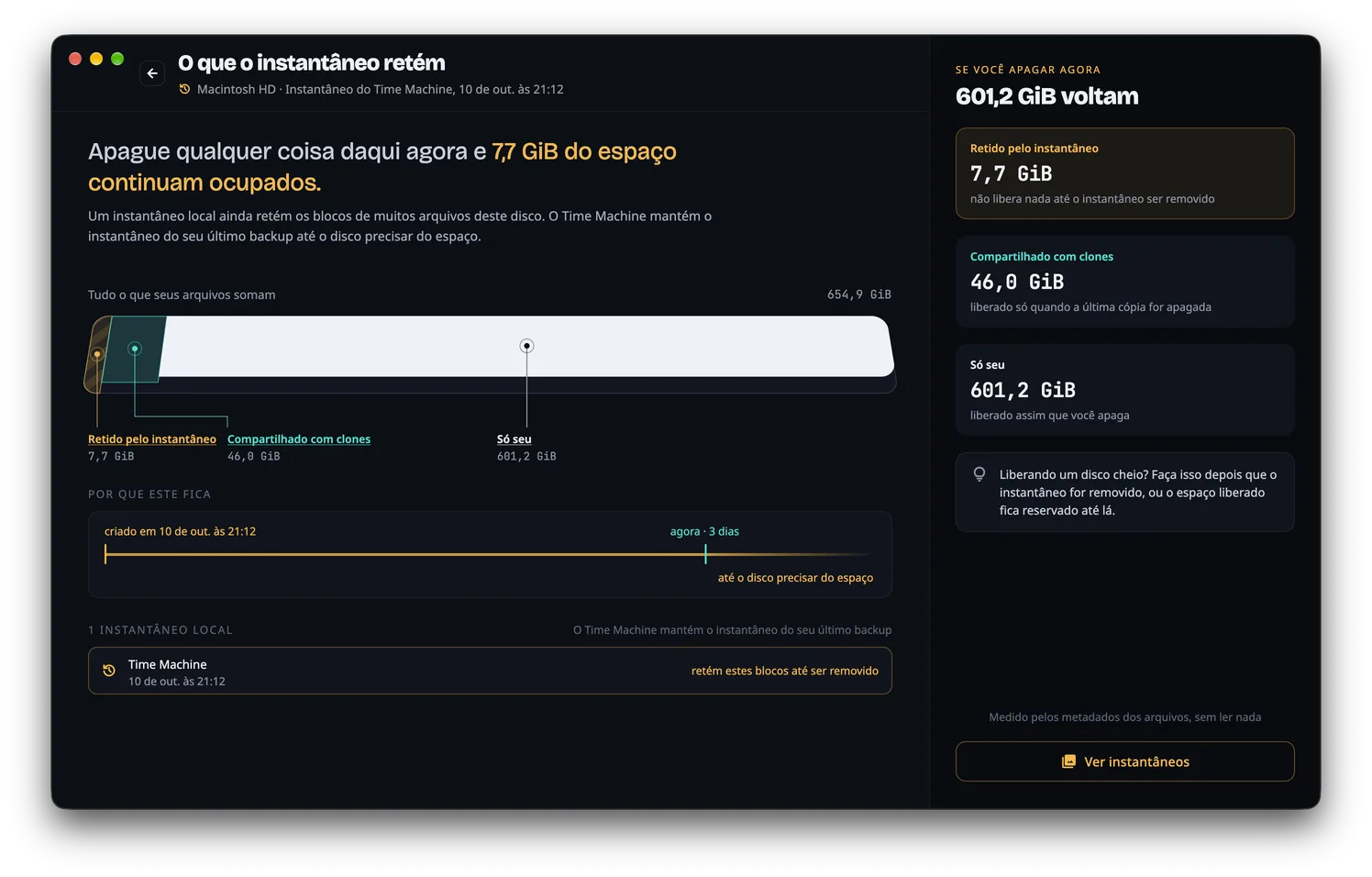 O que o instantâneo retém: uma barra dividida entre o que um instantâneo retém, o que os clones compartilham e o que é só seu