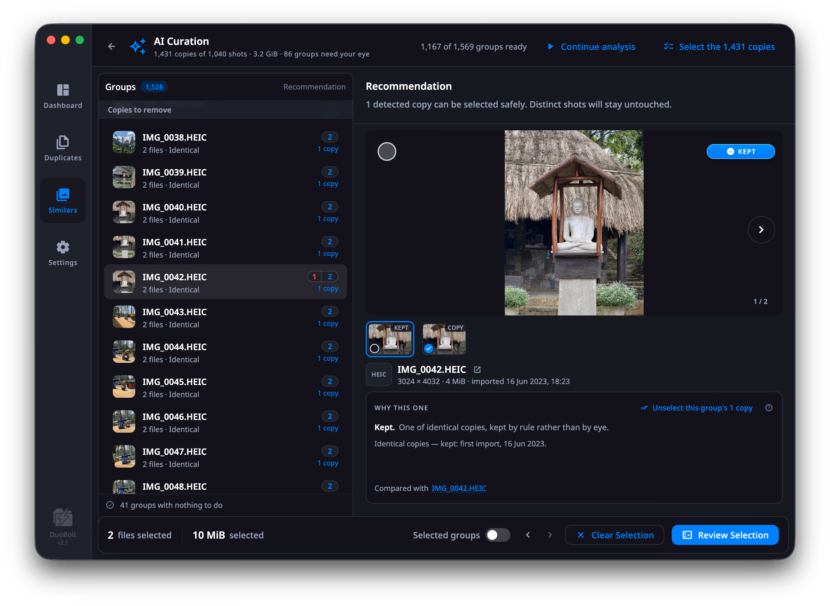 AI Curation on a Photos library scan, IMG_0042.HEIC selected in the Groups list — 2 files · Identical, 1 copy. The stage shows the kept photo with a KEPT badge, two thumbnails under it labeled KEPT and COPY, the file line reading 3024 × 4032 · 4 MiB · imported 16 Jun 2023, 18:23, and the Why this one card: Kept. One of identical copies, kept by rule rather than by eye. Identical copies — kept: first import, 16 Jun 2023. The header reads 1,167 of 1,569 groups ready beside Continue analysis.