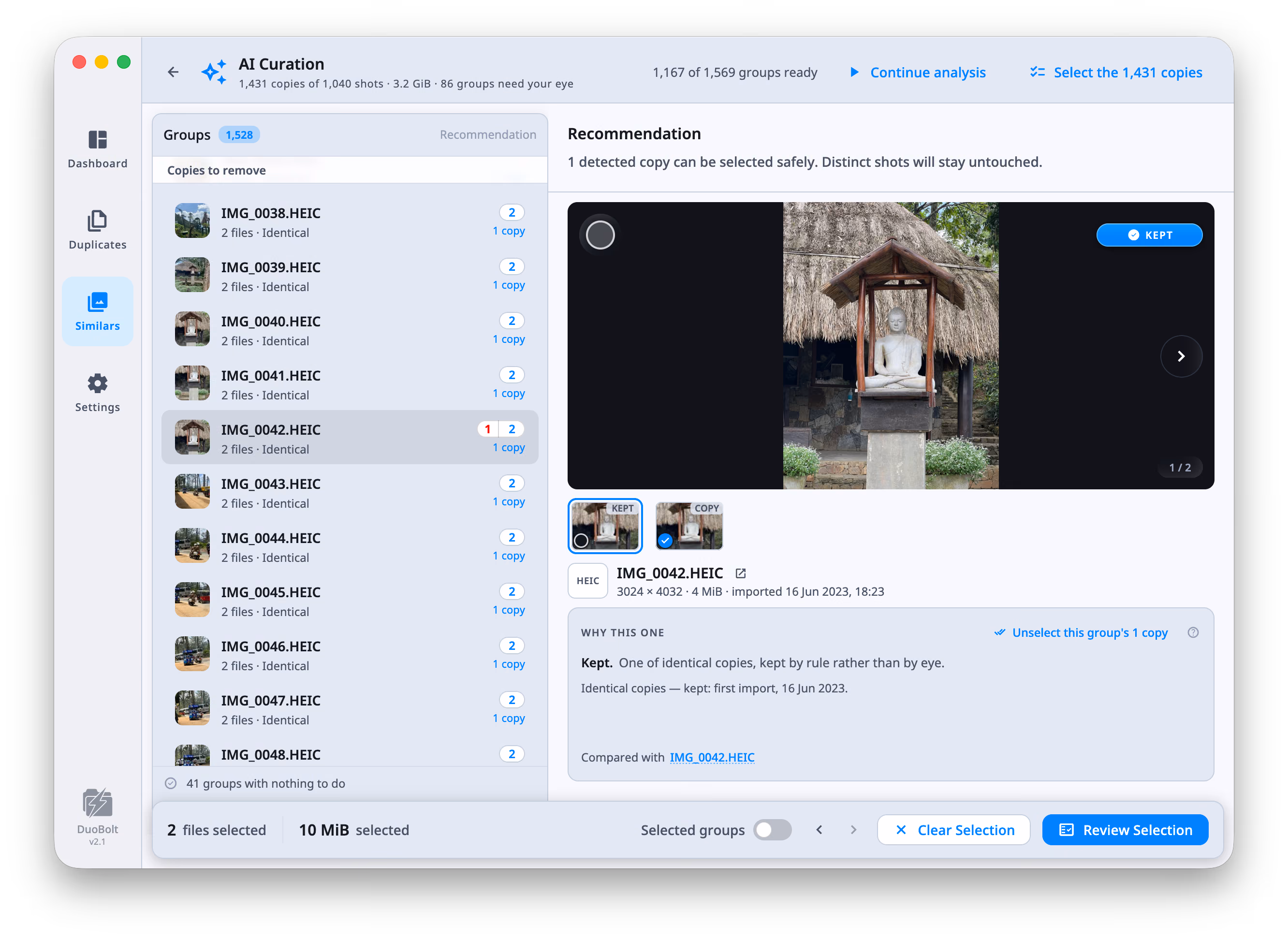 AI Curation on a Photos library scan, IMG_0042.HEIC selected in the Groups list — 2 files · Identical, 1 copy. The stage shows the kept photo with a KEPT badge, two thumbnails under it labeled KEPT and COPY, the file line reading 3024 × 4032 · 4 MiB · imported 16 Jun 2023, 18:23, and the Why this one card: Kept. One of identical copies, kept by rule rather than by eye. Identical copies — kept: first import, 16 Jun 2023. The header reads 1,167 of 1,569 groups ready beside Continue analysis.