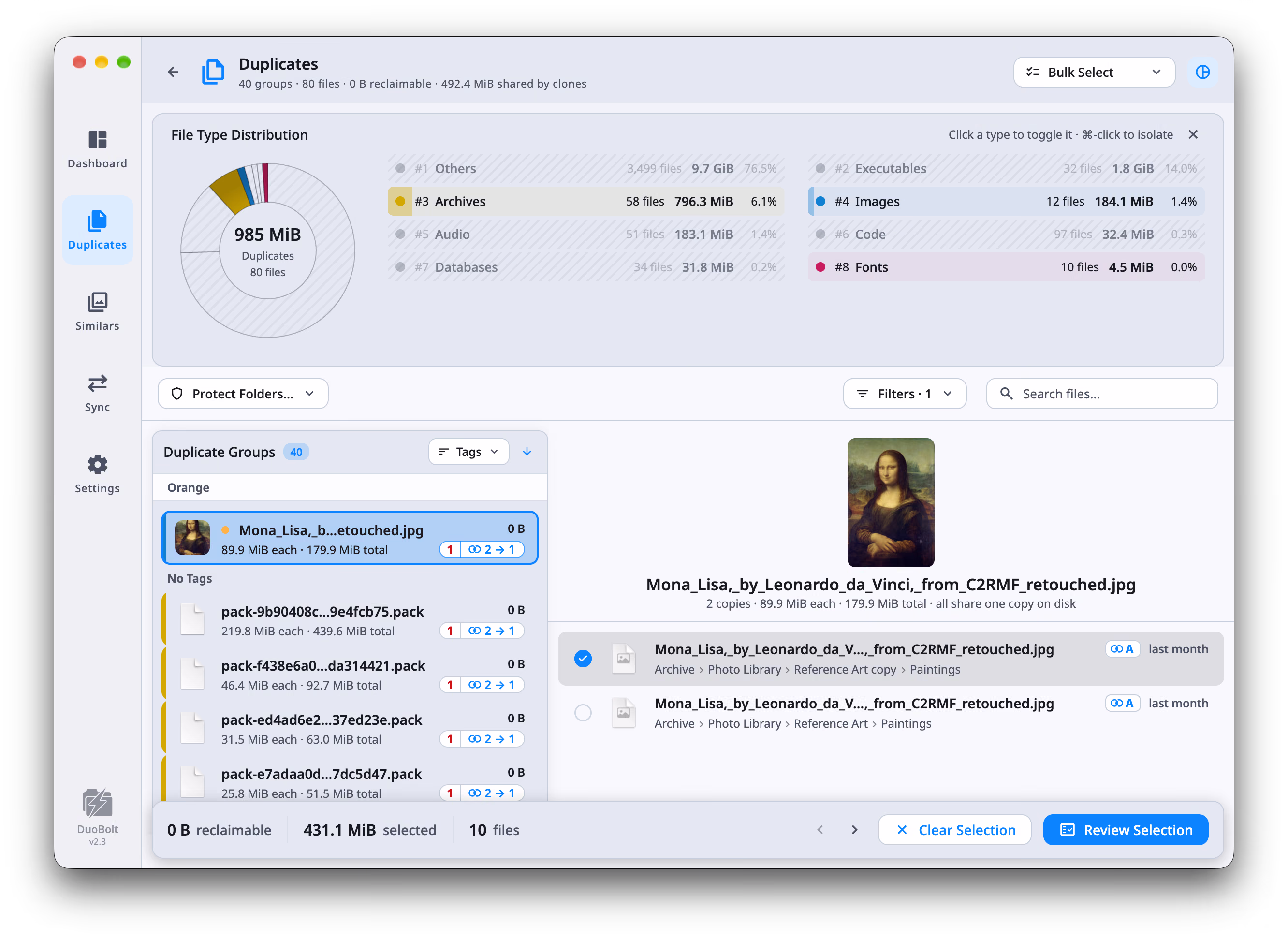 Duplicates results filtered to groups with clones: the header reads 40 groups, 80 files, 0 B reclaimable, 492.4 MiB shared by clones. Every group in the list reads 0 B and carries a 2 → 1 pill behind the clone glyph. The open group, a Mona Lisa scan, reads 2 copies · 89.9 MiB each · 179.9 MiB total · all share one copy on disk, and both of its copies carry the letter A. The footer reads 431.1 MiB selected, 10 files, 0 B reclaimable.