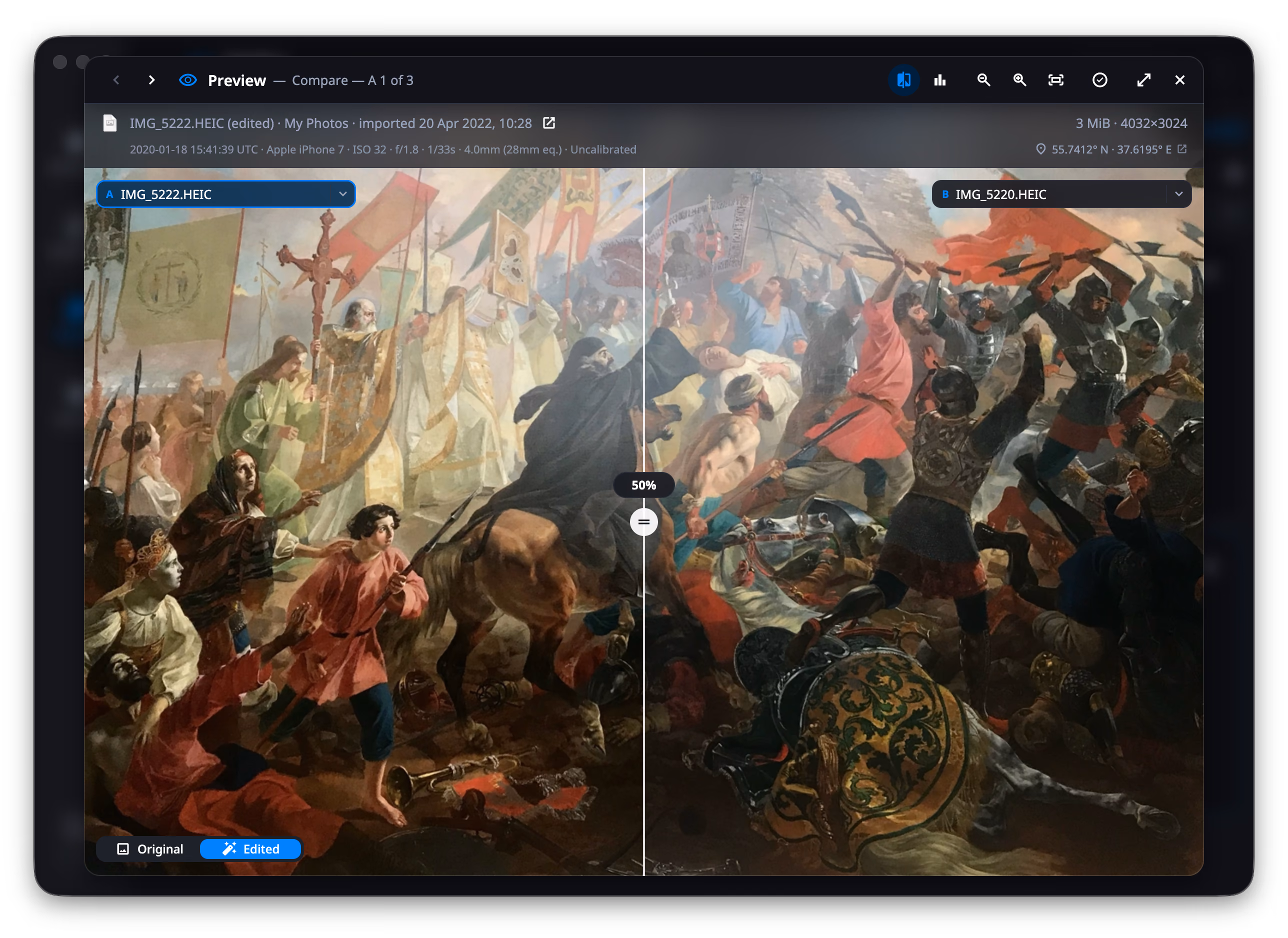 DuoBolt's preview with the compare curtain open on two photographs of one painting: a vertical line splits the frame with a round knob at its middle and a 50% readout above it, the copy in slot A to its left and slot B to its right, a chip naming each copy at the top corners, and the Original / Edited switch at the bottom left.