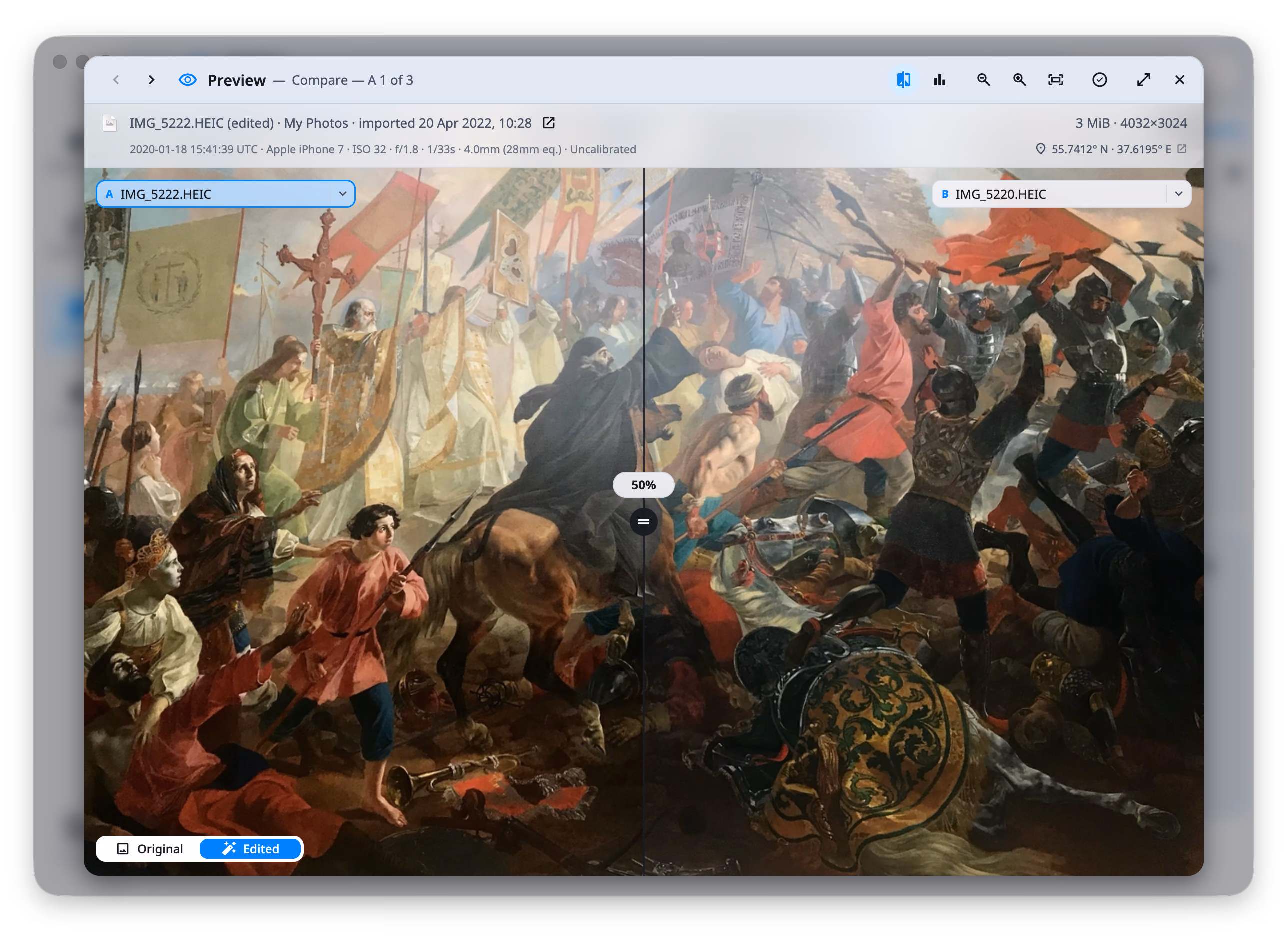 DuoBolt's preview with the compare curtain open on two photographs of one painting: a vertical line splits the frame with a round knob at its middle and a 50% readout above it, the copy in slot A to its left and slot B to its right, a chip naming each copy at the top corners, and the Original / Edited switch at the bottom left.