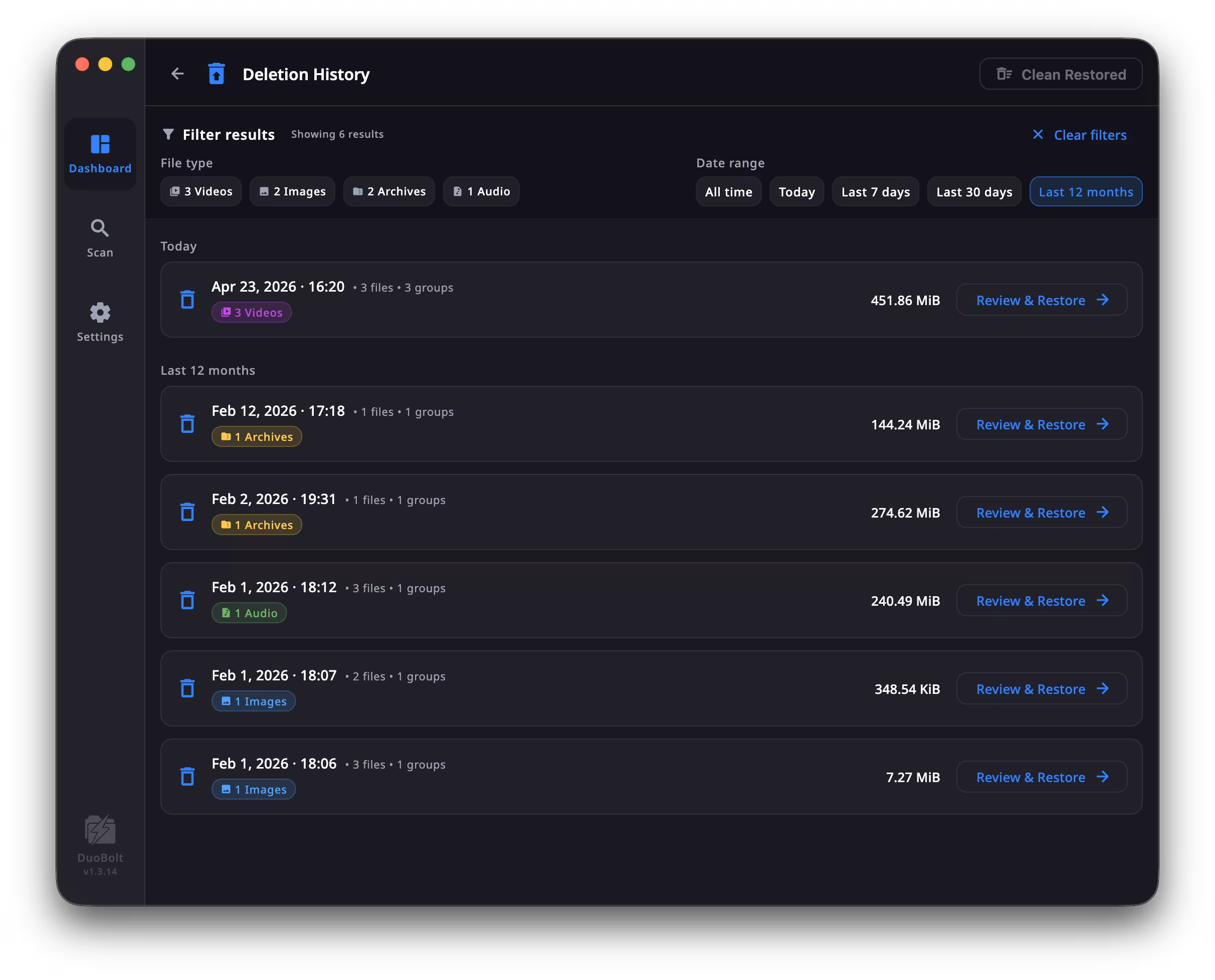 DuoBolt Desktop Deletion History view listing past deletion events with timestamps, file counts, file-type tags, space freed, and per-event Review & Restore buttons, with filter controls for file type and date range