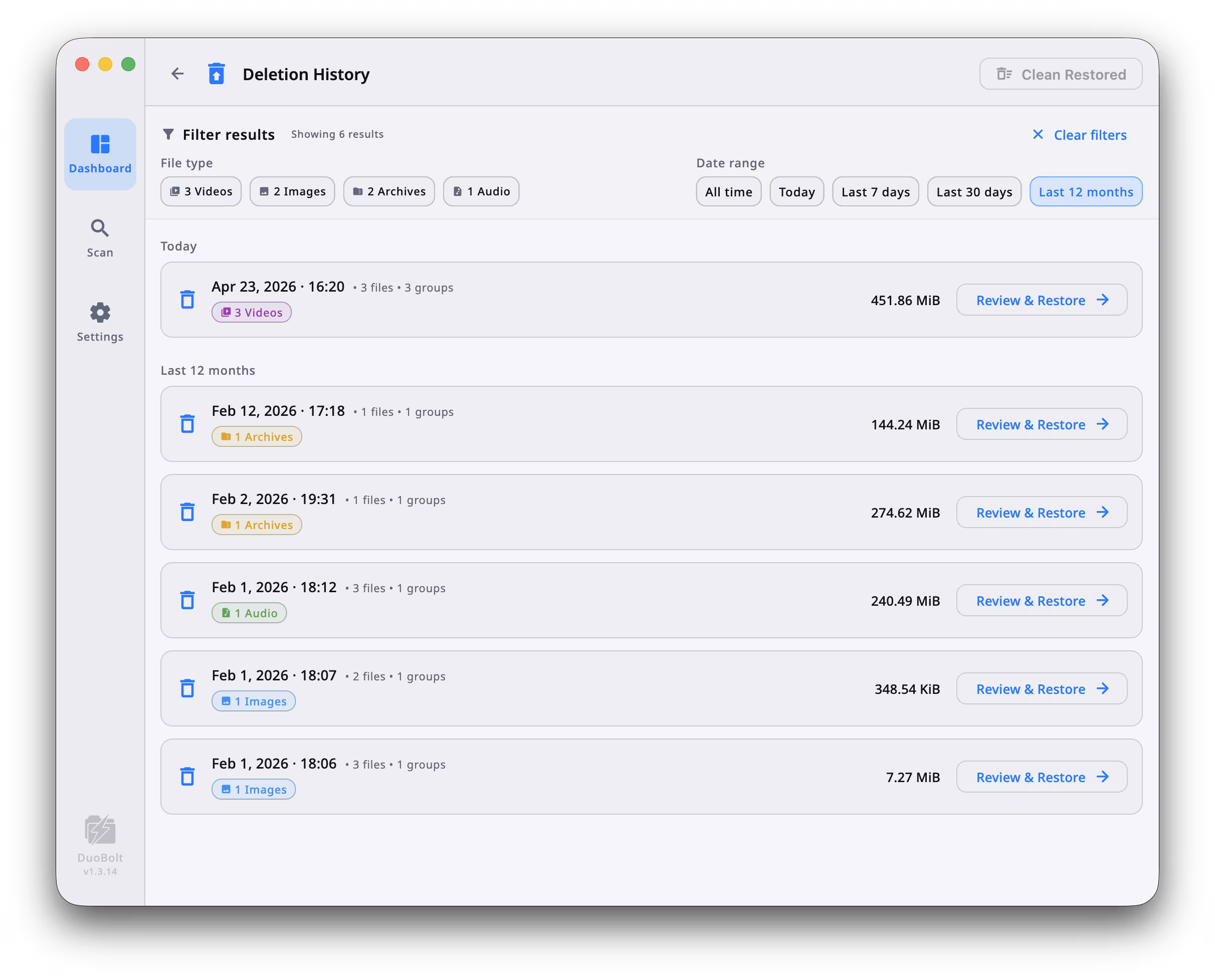 DuoBolt Desktop Deletion History view listing past deletion events with timestamps, file counts, file-type tags, space freed, and per-event Review & Restore buttons, with filter controls for file type and date range