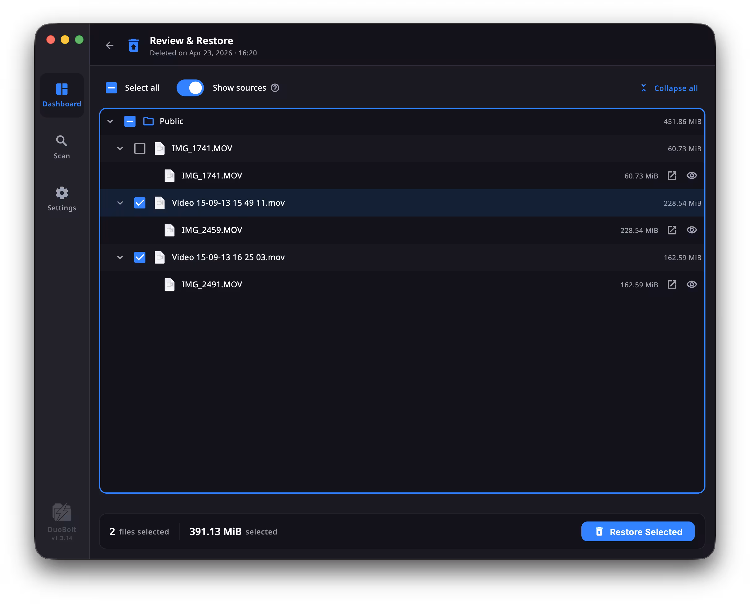 DuoBolt Desktop Review & Restore panel showing the tree of files from a past deletion event grouped by original source directory, with checkboxes to select individual files and a Restore Selected action