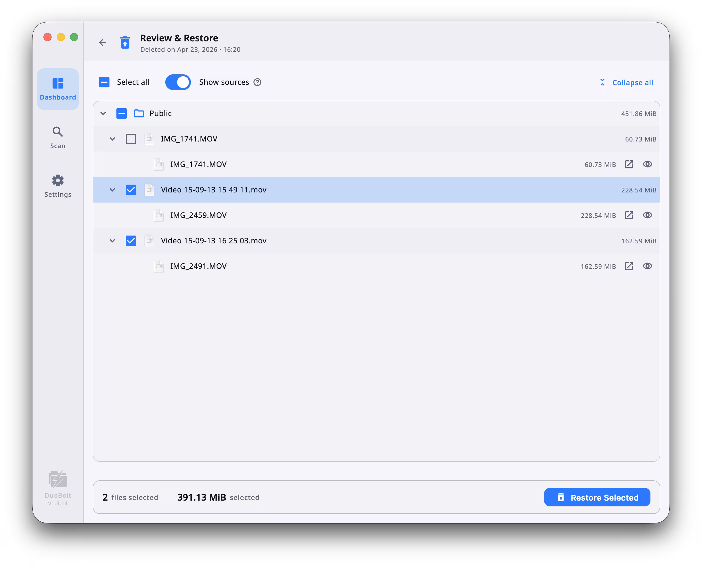 DuoBolt Desktop Review & Restore panel showing the tree of files from a past deletion event grouped by original source directory, with checkboxes to select individual files and a Restore Selected action