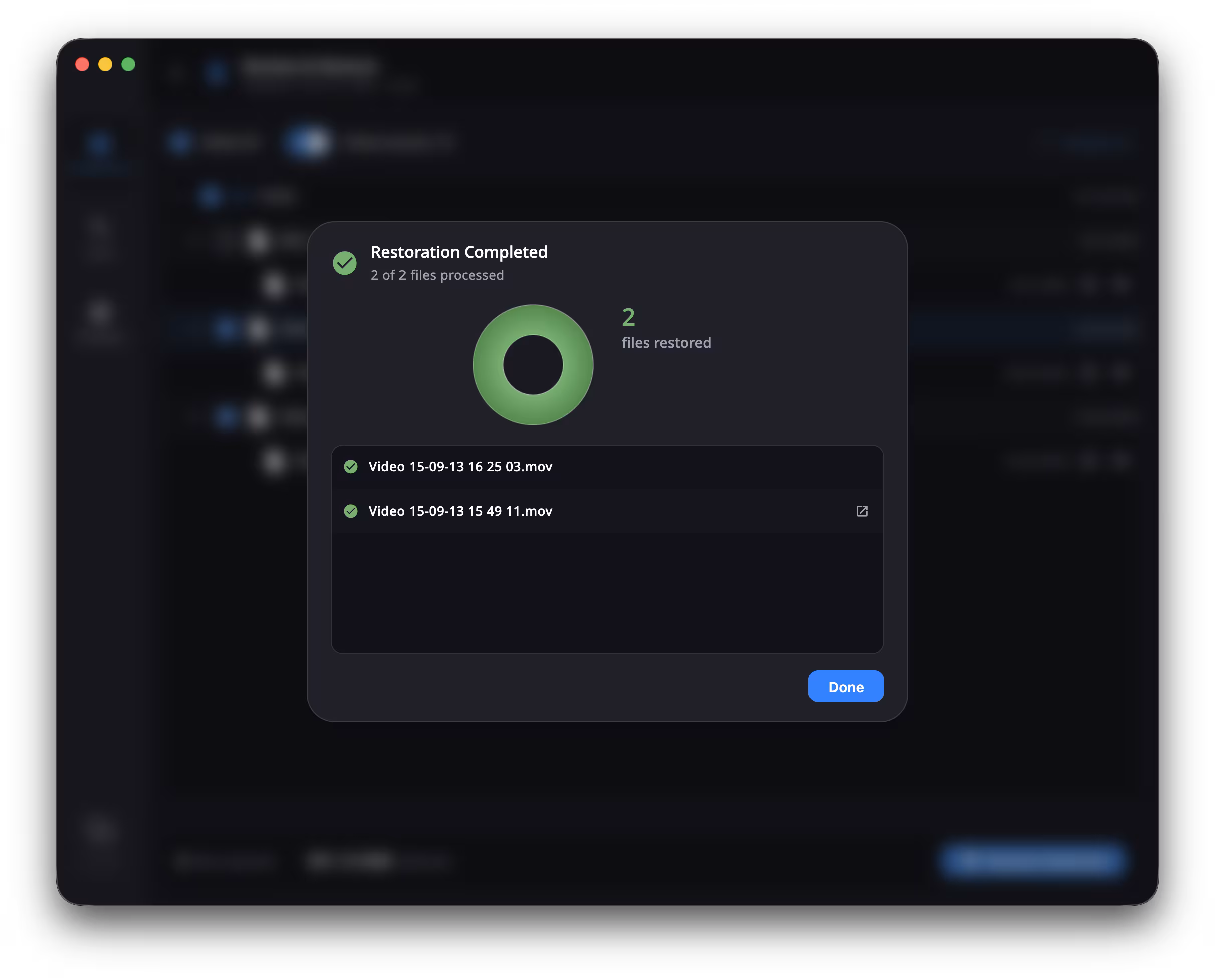 DuoBolt Desktop Restoration Completed dialog confirming that two of two selected files were successfully restored, with the list of recovered filenames and a Done button
