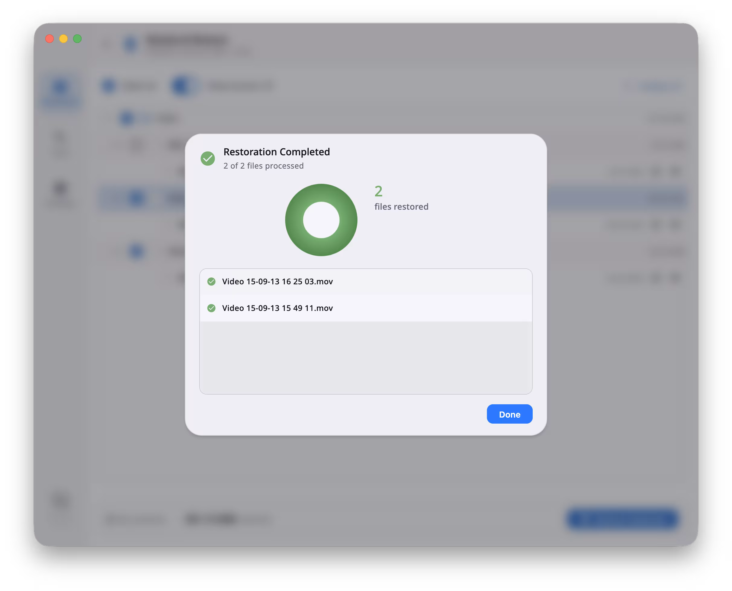DuoBolt Desktop Restoration Completed dialog confirming that two of two selected files were successfully restored, with the list of recovered filenames and a Done button
