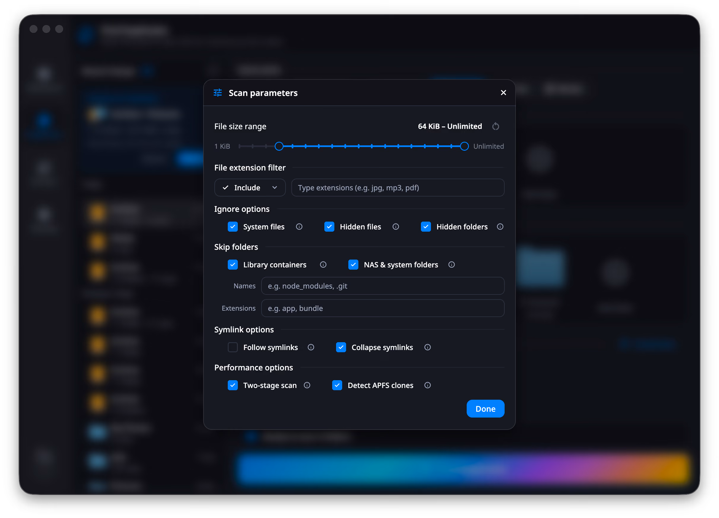 The Scan parameters dialog for Duplicates: file size range at its 64 KiB to Unlimited default, the extension filter set to Include with an empty field, all three ignore options checked, both skip-folder sets checked with empty Names and Extensions fields, Follow symlinks off and Collapse symlinks on, and Two-stage scan and Detect APFS clones both on.