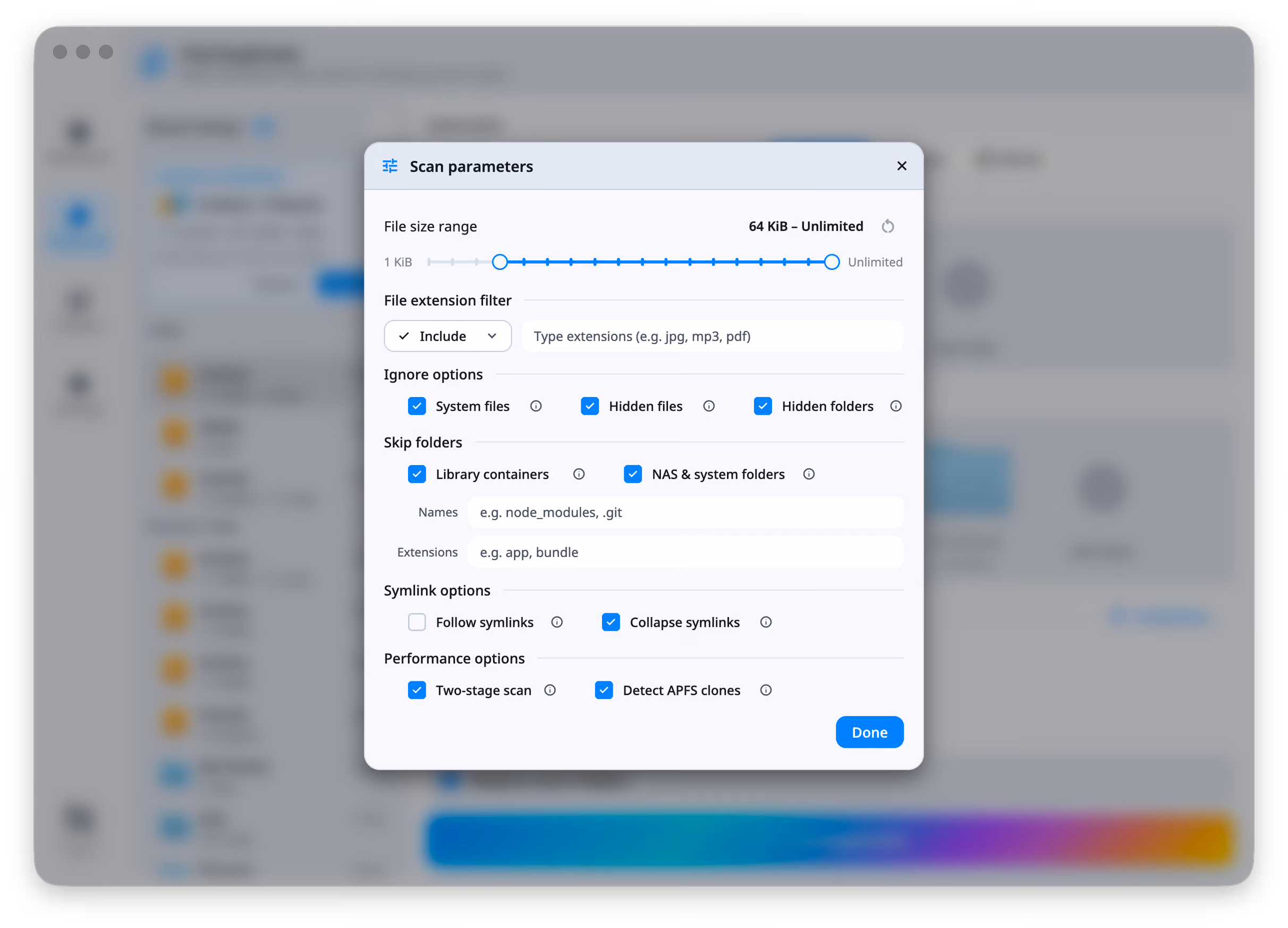 The Scan parameters dialog for Duplicates: file size range at its 64 KiB to Unlimited default, the extension filter set to Include with an empty field, all three ignore options checked, both skip-folder sets checked with empty Names and Extensions fields, Follow symlinks off and Collapse symlinks on, and Two-stage scan and Detect APFS clones both on.