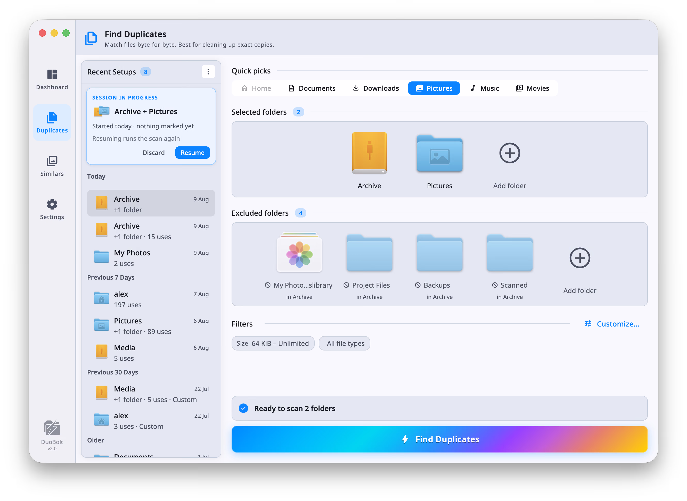 The Find Duplicates setup screen: Quick picks along the top, two selected folders, four excluded ones below them, and a Filters row summarizing the scan as Size 64 KiB to Unlimited and All file types. The footer reads Ready to scan 2 folders above the Find Duplicates button.