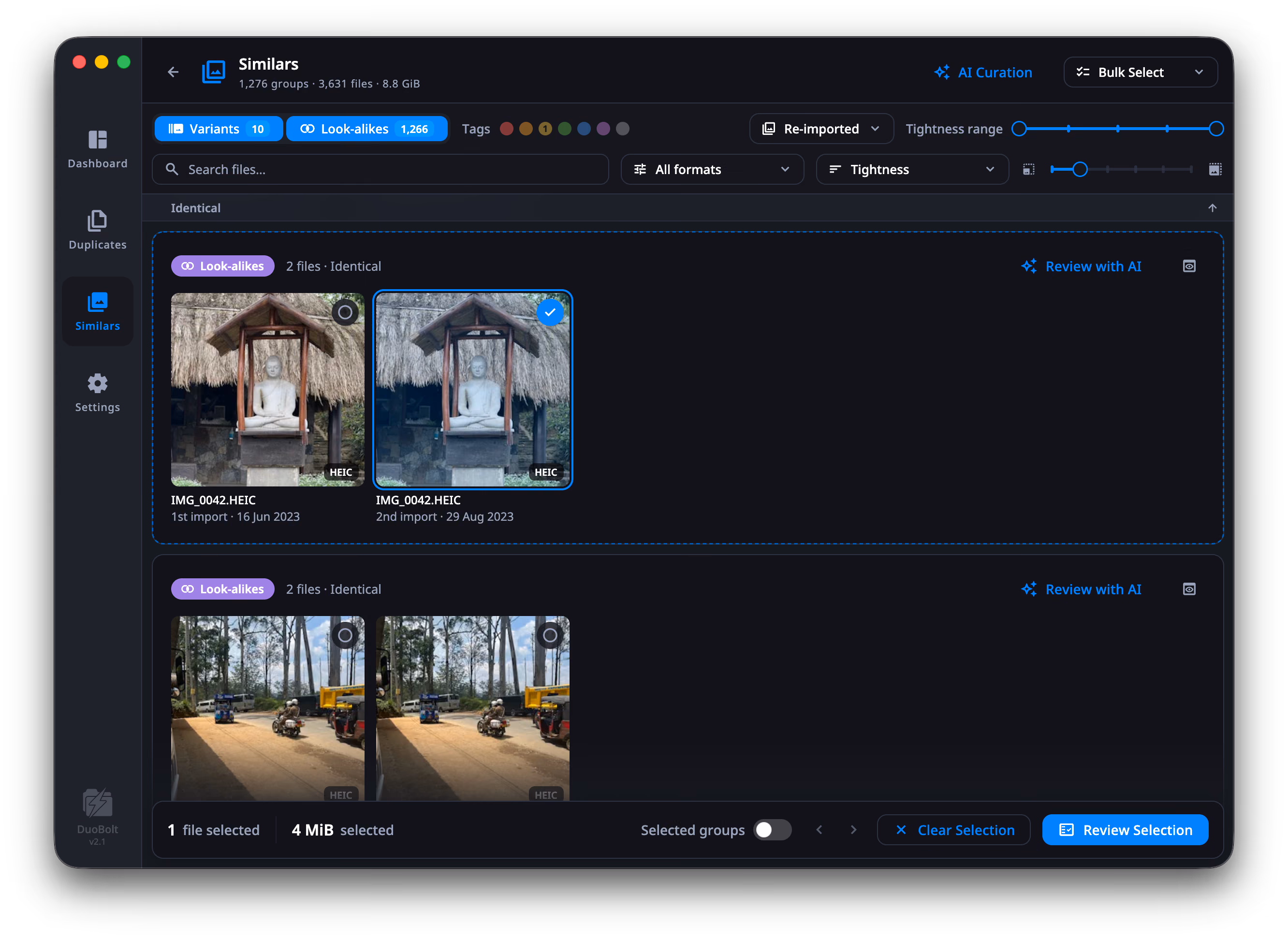 Similars results over the Photos library — 1,276 groups, 3,631 files, 8.8 GiB — with the Photos filter on the toolbar reading Re-imported. Under an Identical heading, a group of two copies of IMG_0042.HEIC: the first reads 1st import · 16 Jun 2023, the second 2nd import · 29 Aug 2023 and is marked. The footer reads 1 file selected, 4 MiB selected, next to Review Selection.