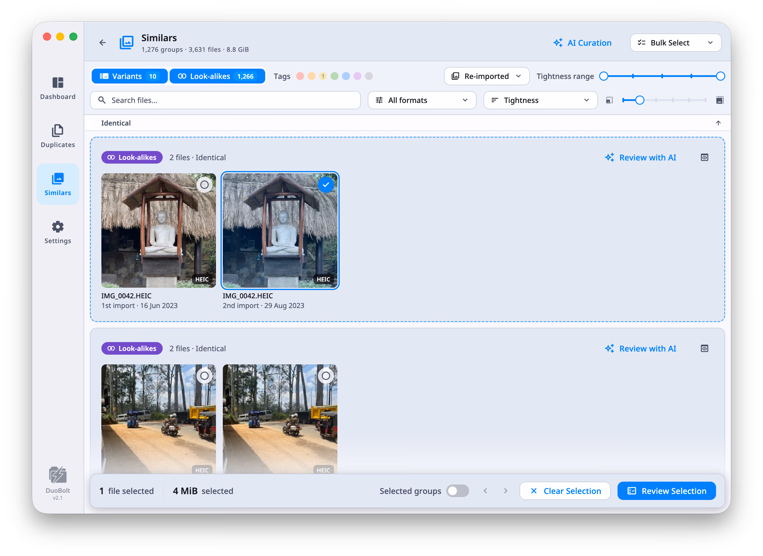 Similars results over the Photos library — 1,276 groups, 3,631 files, 8.8 GiB — with the Photos filter on the toolbar reading Re-imported. Under an Identical heading, a group of two copies of IMG_0042.HEIC: the first reads 1st import · 16 Jun 2023, the second 2nd import · 29 Aug 2023 and is marked. The footer reads 1 file selected, 4 MiB selected, next to Review Selection.