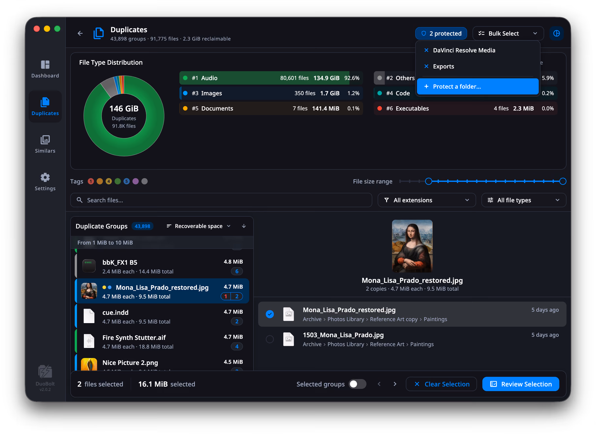 The protected-folders list open from the Duplicates header, which reads 2 protected. It lists DaVinci Resolve Media and Exports, each with a cross to remove it, above a Protect a folder… entry.