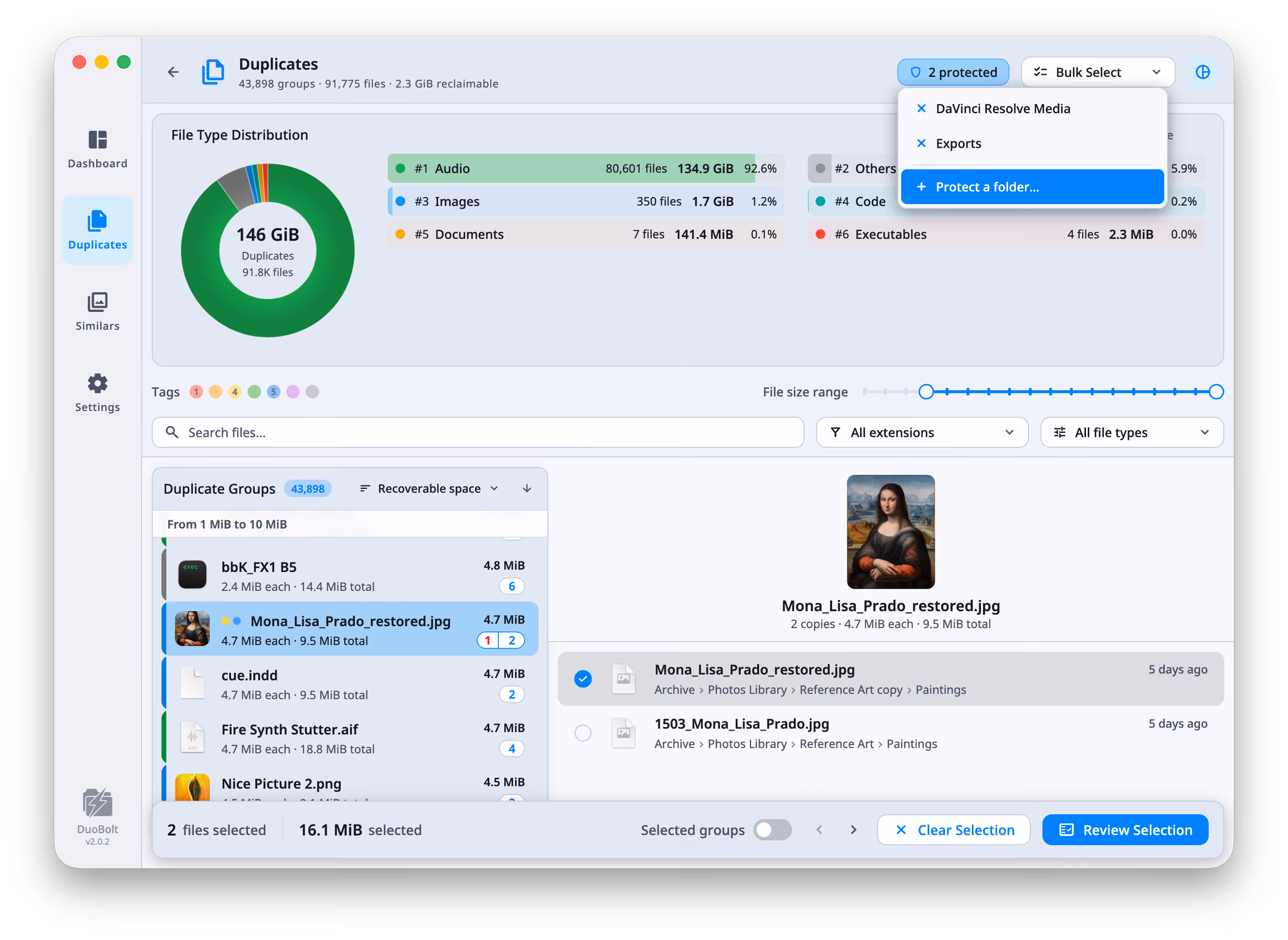 The protected-folders list open from the Duplicates header, which reads 2 protected. It lists DaVinci Resolve Media and Exports, each with a cross to remove it, above a Protect a folder… entry.