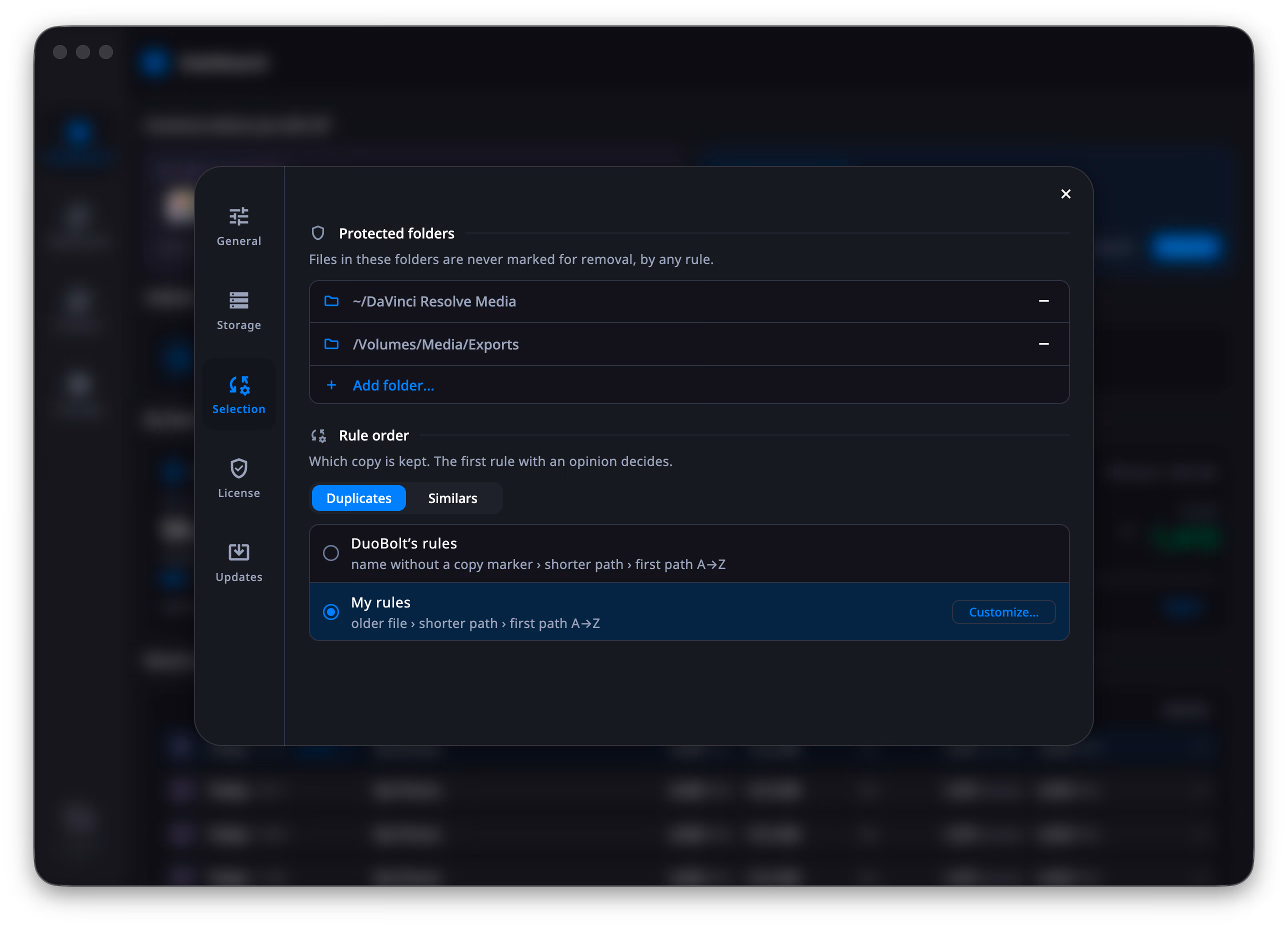 The Settings window on Selection: Protected folders lists ~/DaVinci Resolve Media and /Volumes/Media/Exports, each with a minus button to remove it, above an Add folder… row, and below them Rule order with the Duplicates / Similars switch and the two rule rows.