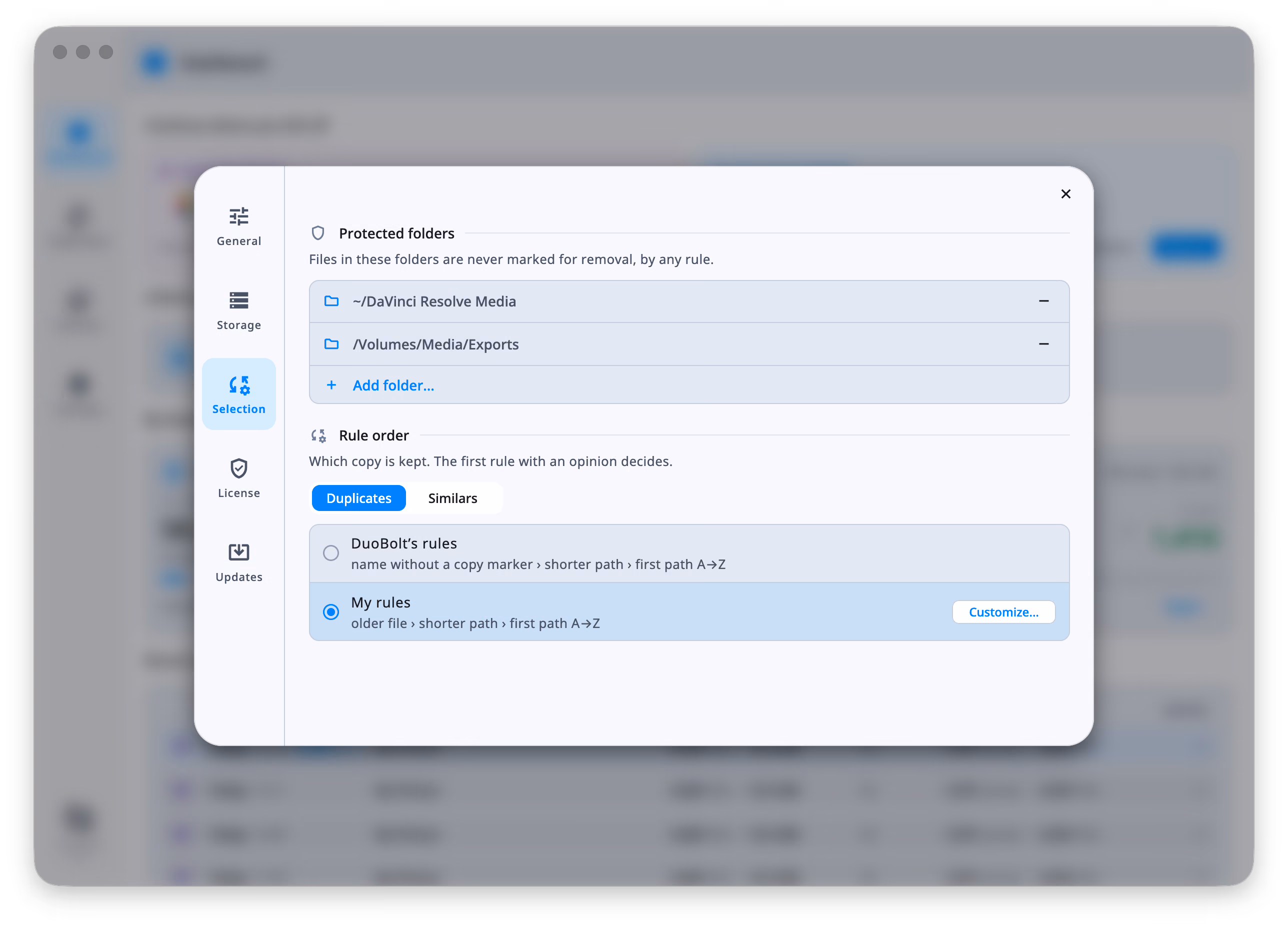 The Settings window on Selection: Protected folders lists ~/DaVinci Resolve Media and /Volumes/Media/Exports, each with a minus button to remove it, above an Add folder… row, and below them Rule order with the Duplicates / Similars switch and the two rule rows.