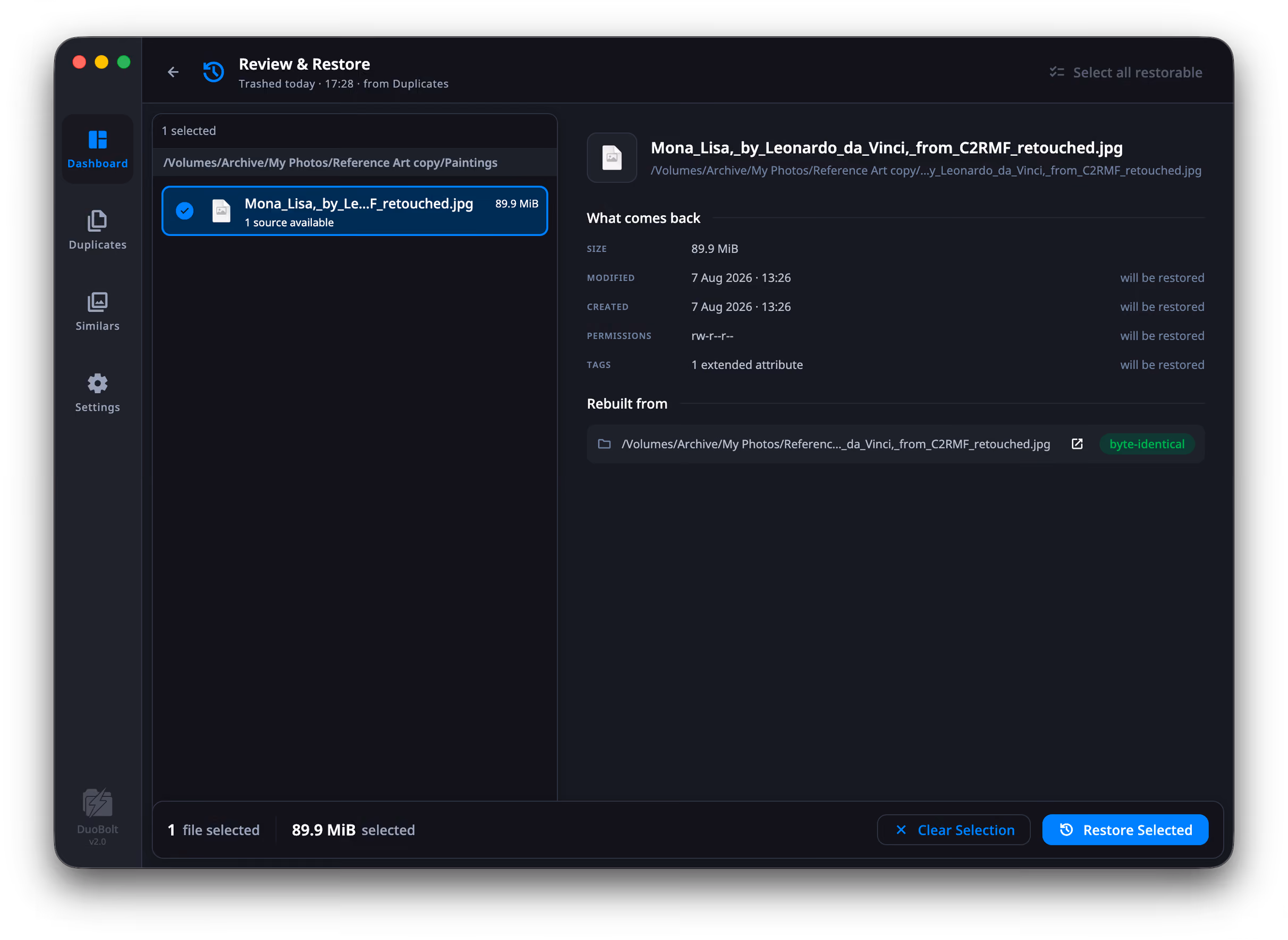 Review & Restore for a trash operation from Duplicates. The left pane groups the trashed file under its original folder and marks it 1 source available. On the right, What comes back lists size, modified and created dates, permissions and tags, each marked will be restored, and Rebuilt from names the source with a byte-identical chip. The footer offers Restore Selected.