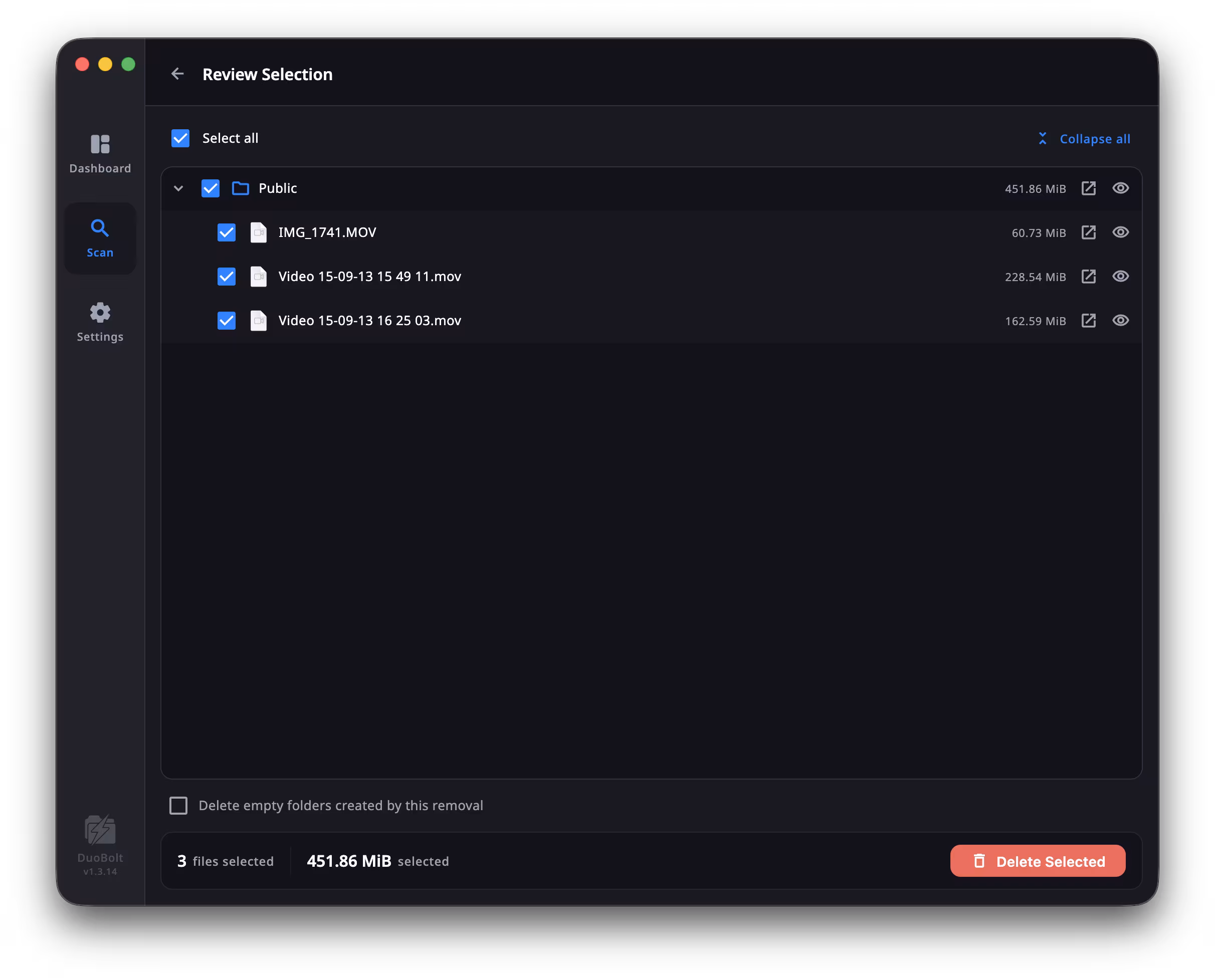 DuoBolt Desktop Review Selection panel with a tree of three selected files from a Public directory, a Delete empty folders created by this removal checkbox, and a red Delete Selected action