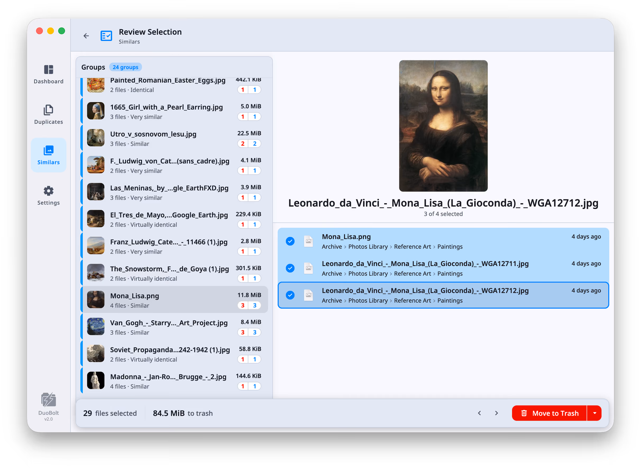 The same Review Selection screen on the photos side: twenty-four groups labeled by how close the match is, from Identical to Similar, and a four-photo group of the Mona Lisa in the detail pane with three of the four marked. The footer reads 29 files selected, 84.5 MiB to trash.