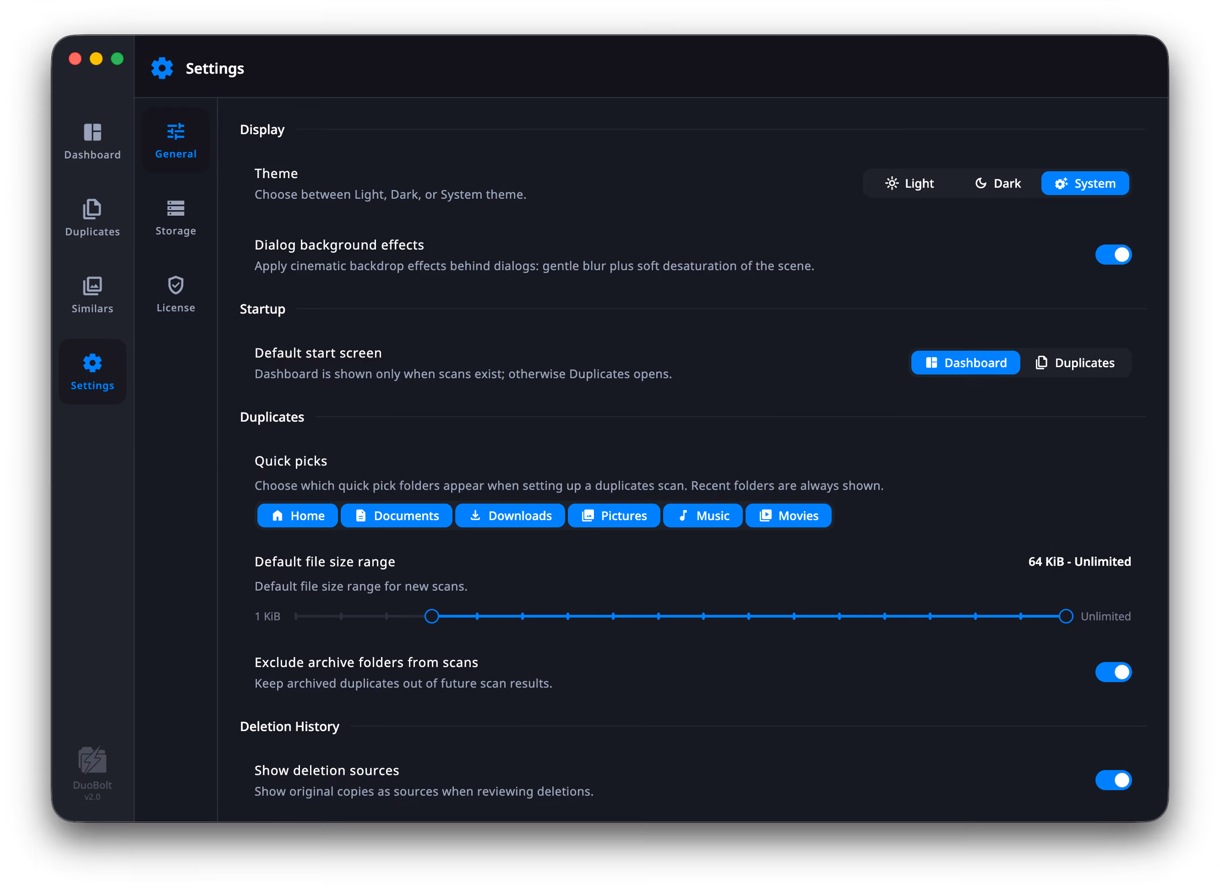 The Settings window on General, with General, Storage and License down the inner rail. Display carries the Light/Dark/System theme control and a dialog-effects toggle, Startup the default start screen, and Duplicates the quick-pick folders, the default file size range and an archive-exclusion toggle.