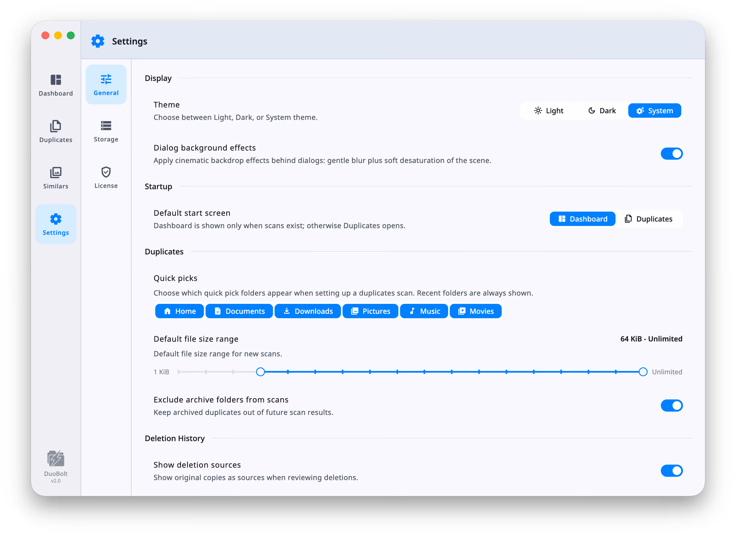 The Settings window on General, with General, Storage and License down the inner rail. Display carries the Light/Dark/System theme control and a dialog-effects toggle, Startup the default start screen, and Duplicates the quick-pick folders, the default file size range and an archive-exclusion toggle.