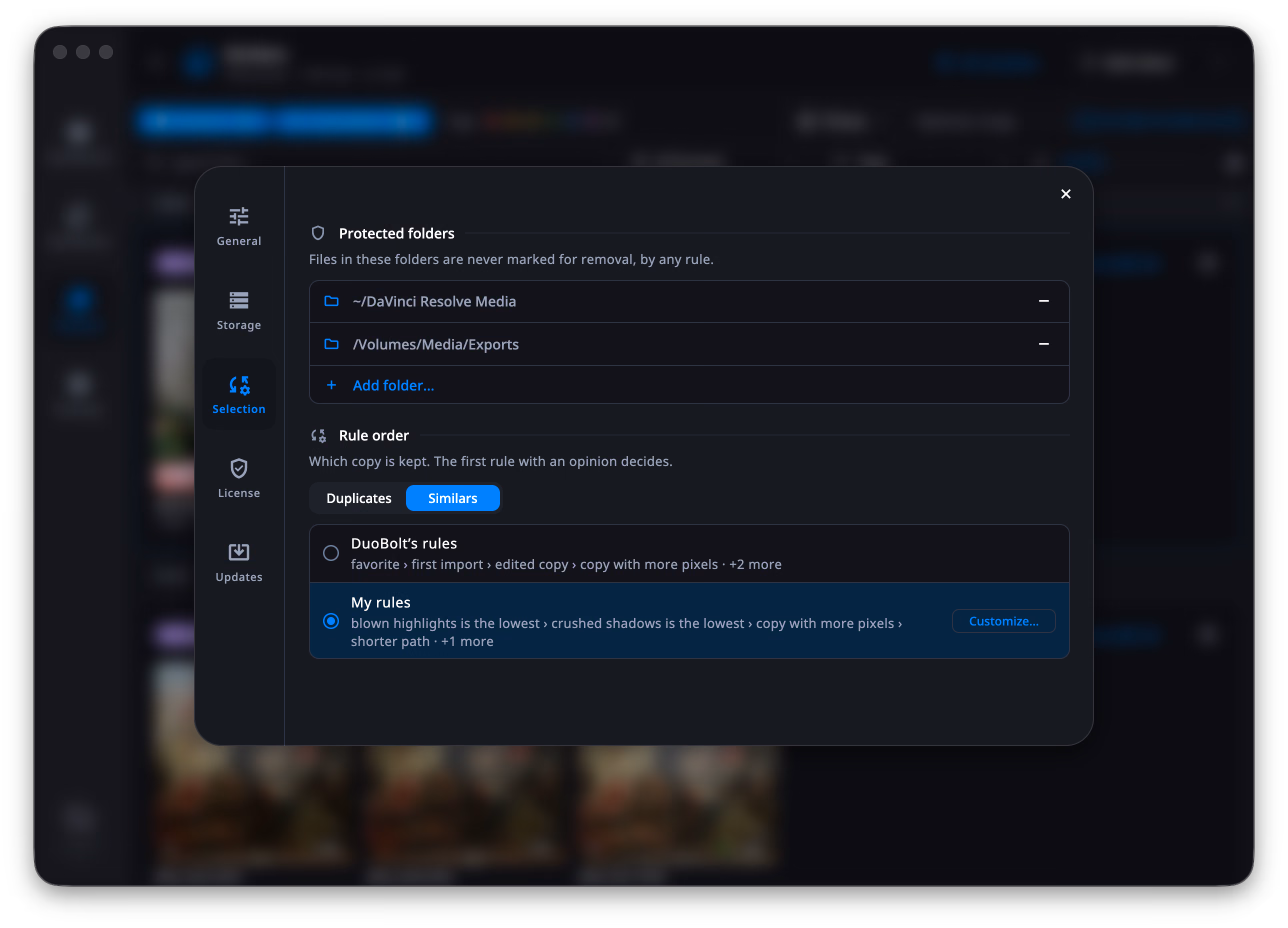 DuoBolt's Settings on the Selection page: a Protected folders list above, and below it Rule order with a Duplicates / Similars switch set to Similars and two rows — DuoBolt's rules, summarised as favorite, first import, edited copy, copy with more pixels, and My rules, selected, summarised as blown highlights is the lowest, crushed shadows is the lowest, copy with more pixels, shorter path, with a Customize… button at its right.