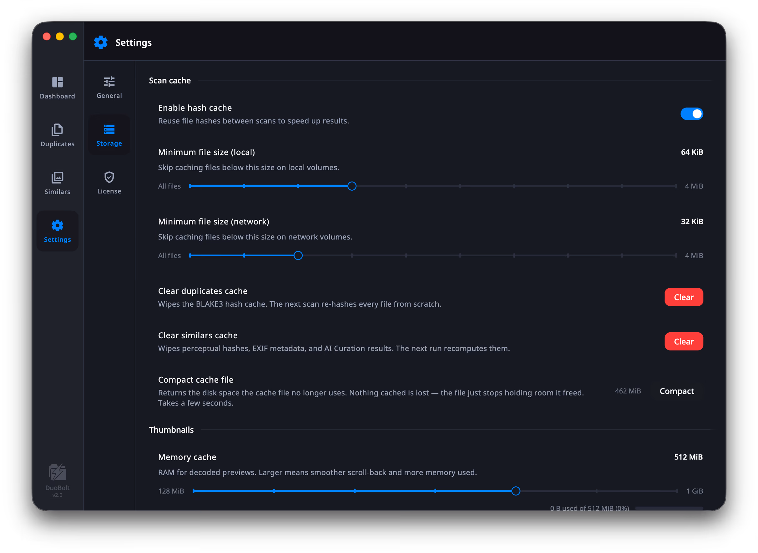 The Settings Storage panel: the hash cache toggle, minimum file size sliders for local and network volumes at 64 and 32 KiB, the two cache-clearing buttons, Compact cache file reporting 462 MiB, and the start of the Thumbnails section with its memory cache slider.