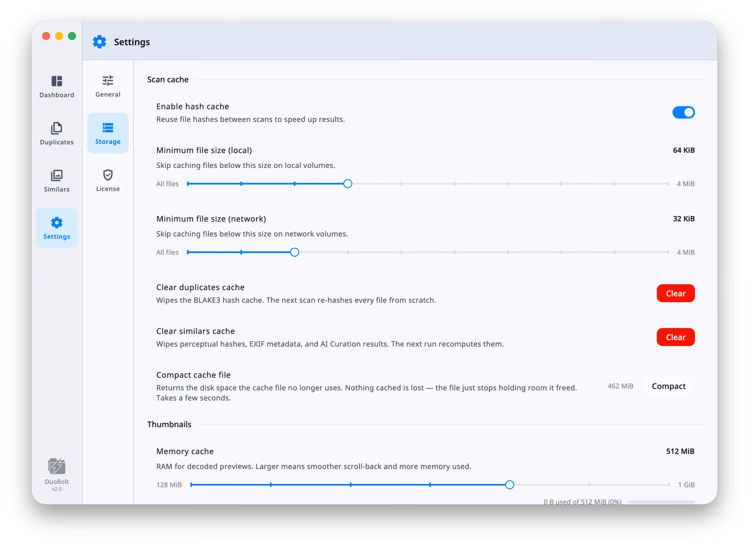The Settings Storage panel: the hash cache toggle, minimum file size sliders for local and network volumes at 64 and 32 KiB, the two cache-clearing buttons, Compact cache file reporting 462 MiB, and the start of the Thumbnails section with its memory cache slider.