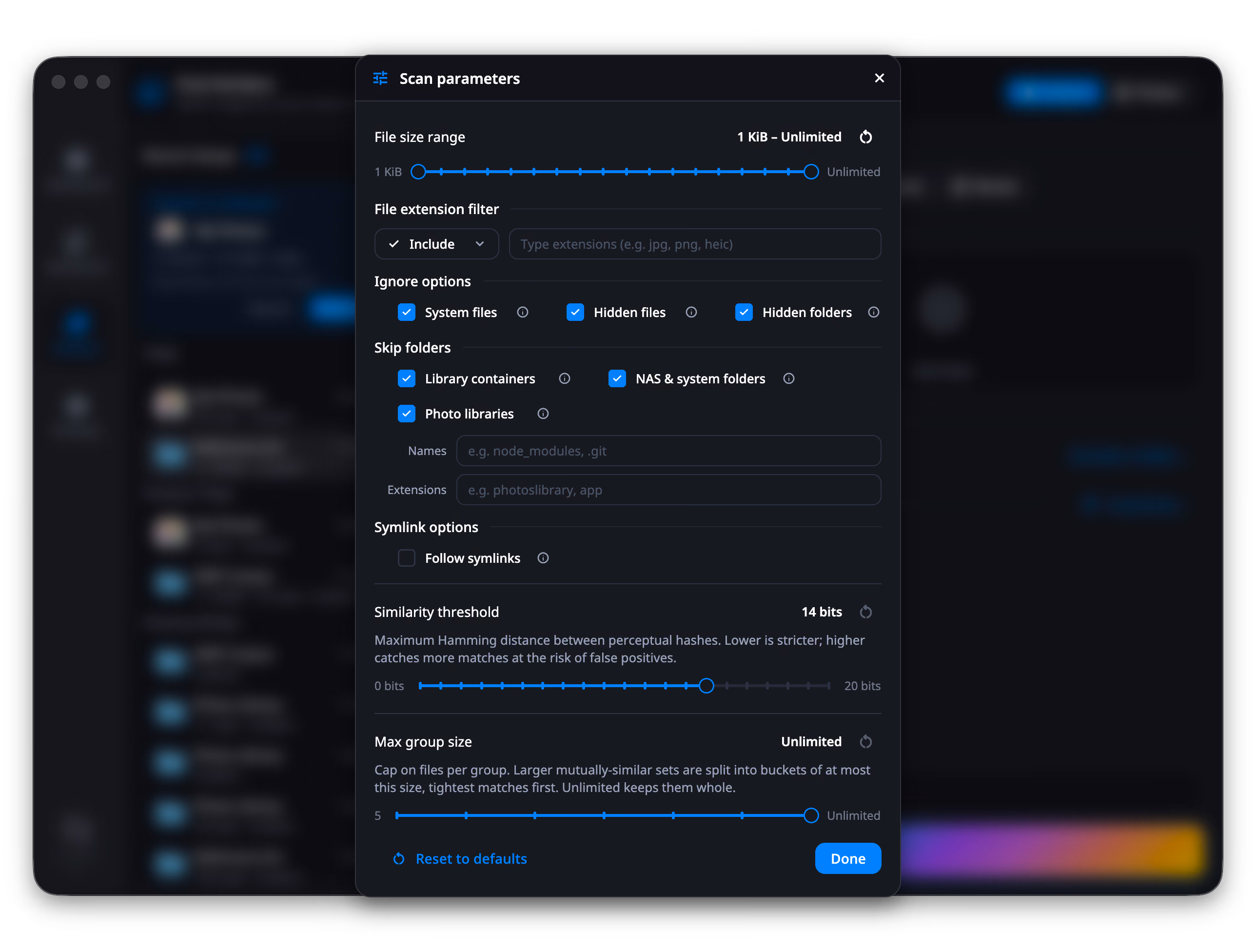 The Similars Scan parameters dialog, top to bottom: file size range at 1 KiB to Unlimited, the extension filter set to Include with an empty field, the three ignore options checked, Skip folders with Library containers, NAS & system folders and Photo libraries all checked above the Names and Extensions fields, Follow symlinks unchecked, Similarity threshold at 14 bits and Max group size at Unlimited, with Reset to defaults beside Done.
