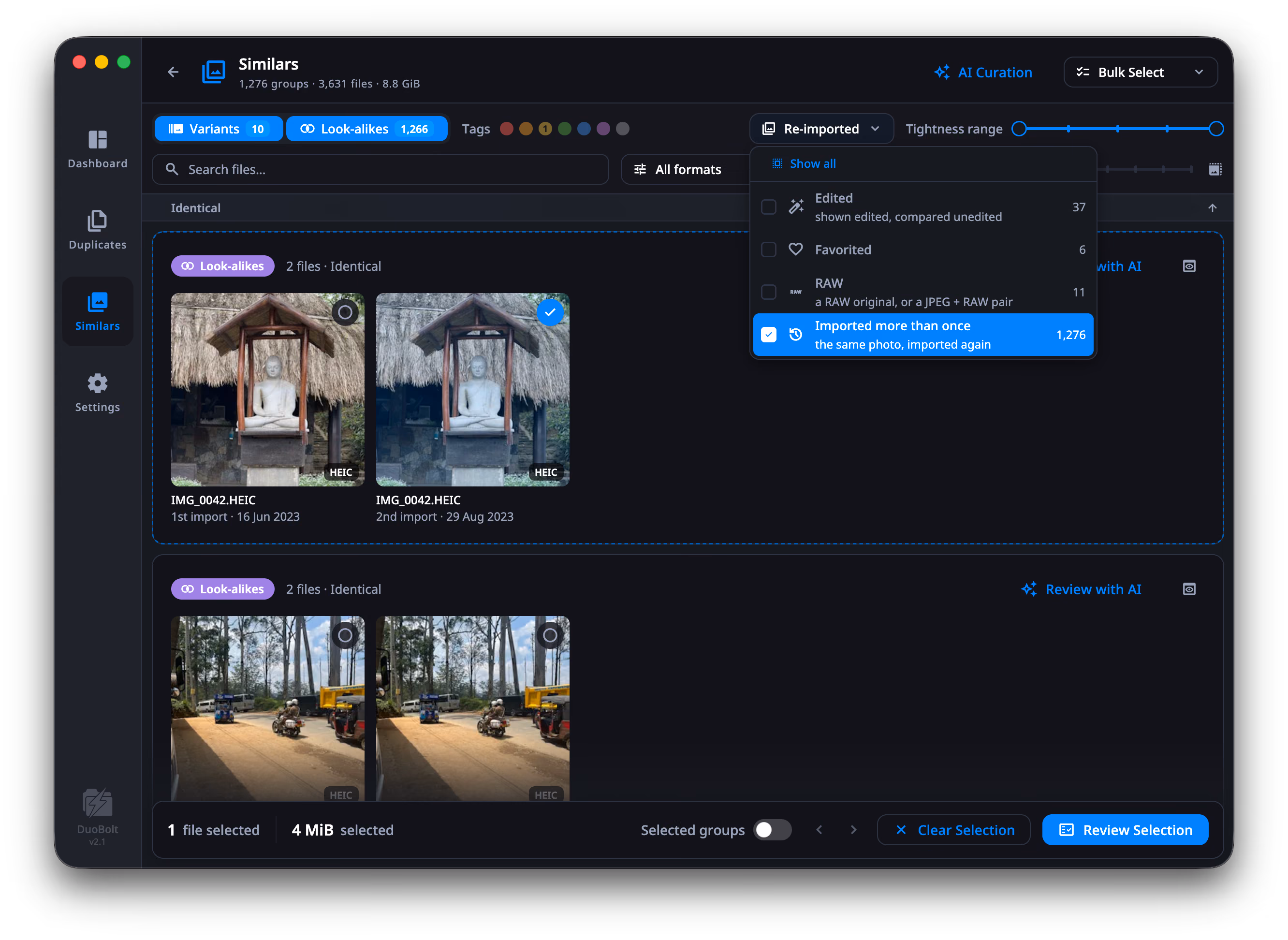 The Photos checklist open under its Re-imported anchor on the results toolbar: Show all pinned at the top, then Edited — shown edited, compared unedited — 37, Favorited 6, RAW — a RAW original, or a JPEG + RAW pair — 11, and Imported more than once 1,276, the last one checked. Behind it, an Identical group of two copies of IMG_0042.HEIC with their import dates.