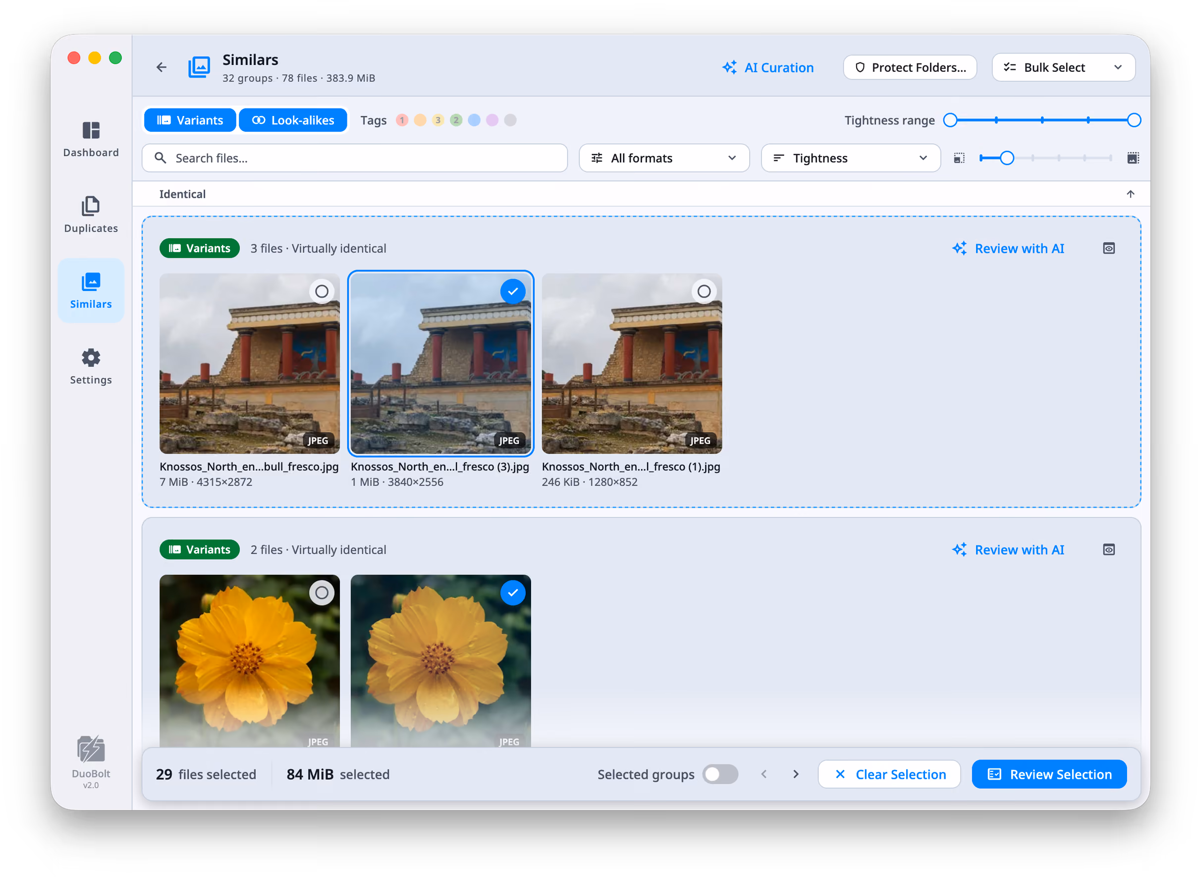 Similars results reading 32 groups, 78 files, 383.9 MiB. The Variants and Look-alikes toggles, tag dots and the Tightness range sit above the group list; under an Identical heading, two Variants groups each offer Review with AI, with one photo marked in each. The footer reads 29 files selected, 84 MiB.