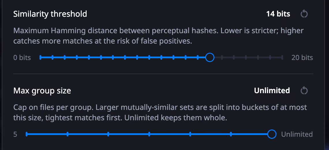 Similarity threshold sits at 14 bits on a slider running from 0 to 20, above Max group size at Unlimited on a slider starting at 5. Each carries the help text quoted above it.