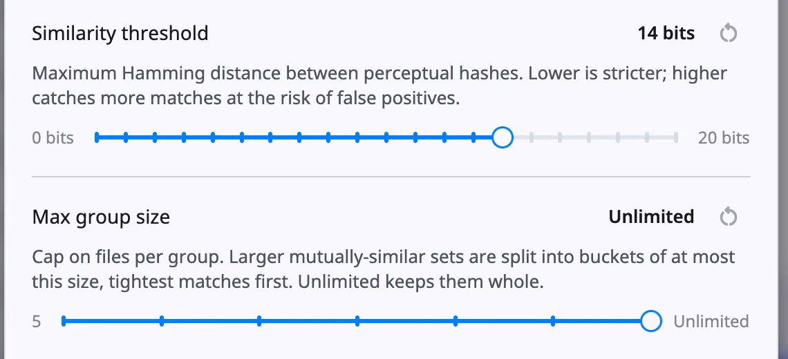 Similarity threshold sits at 14 bits on a slider running from 0 to 20, above Max group size at Unlimited on a slider starting at 5. Each carries the help text quoted above it.