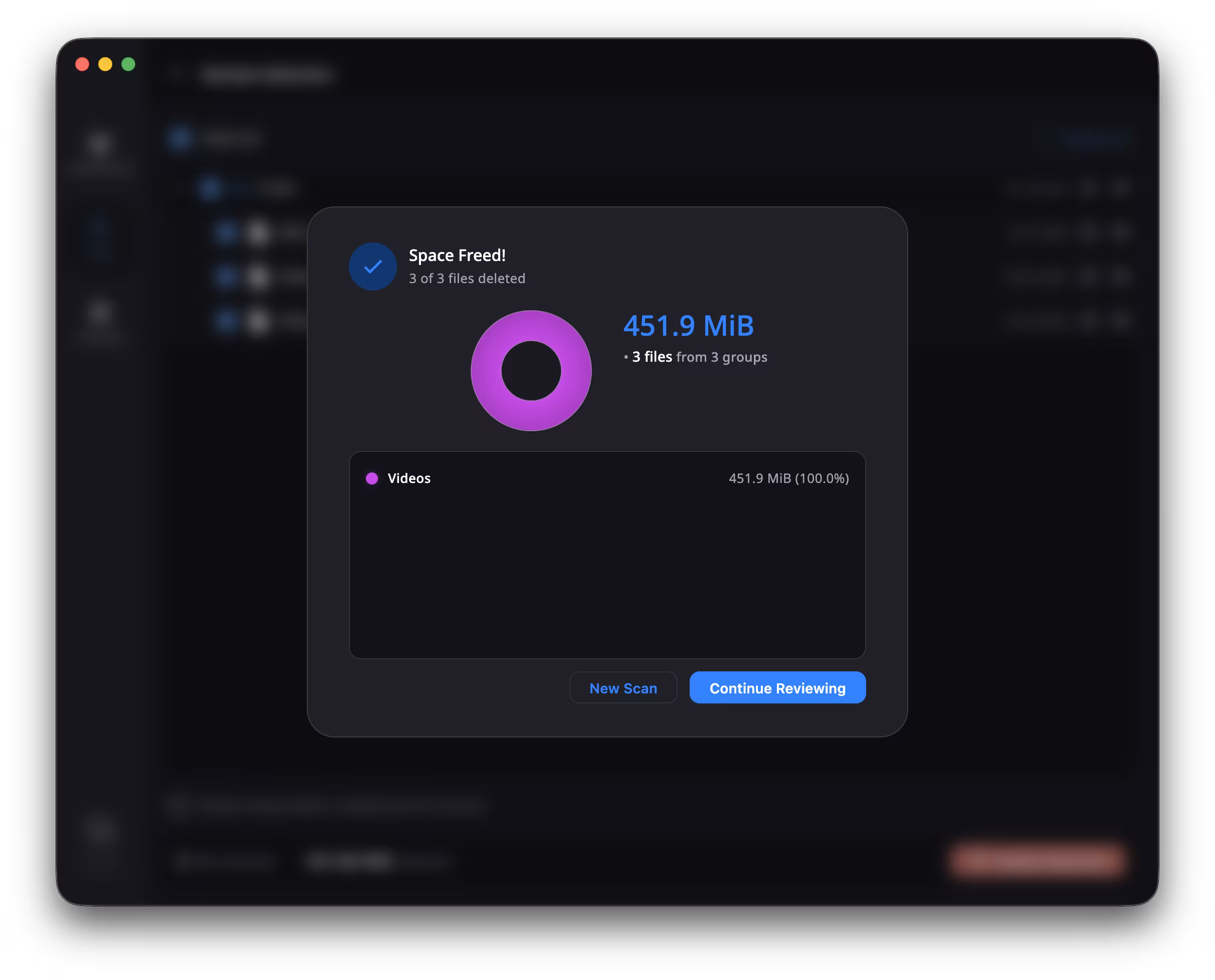 DuoBolt Desktop Space Freed dialog confirming three of three files deleted totalling 451.9 MiB with a donut chart breaking down the freed space by file type and New Scan or Continue Reviewing buttons