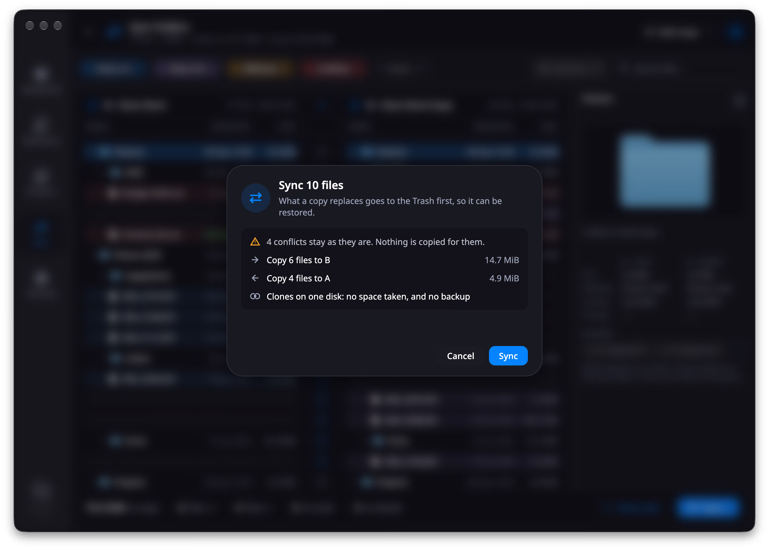 The run dialog, titled Sync 10 files, with the line What a copy replaces goes to the Trash first, so it can be restored. Its summary reads 4 conflicts stay as they are, Nothing is copied for them; Copy 6 files to B, 14.7 MiB; Copy 4 files to A, 4.9 MiB; and Clones on one disk: no space taken, and no backup. Cancel and Sync sit at the bottom.