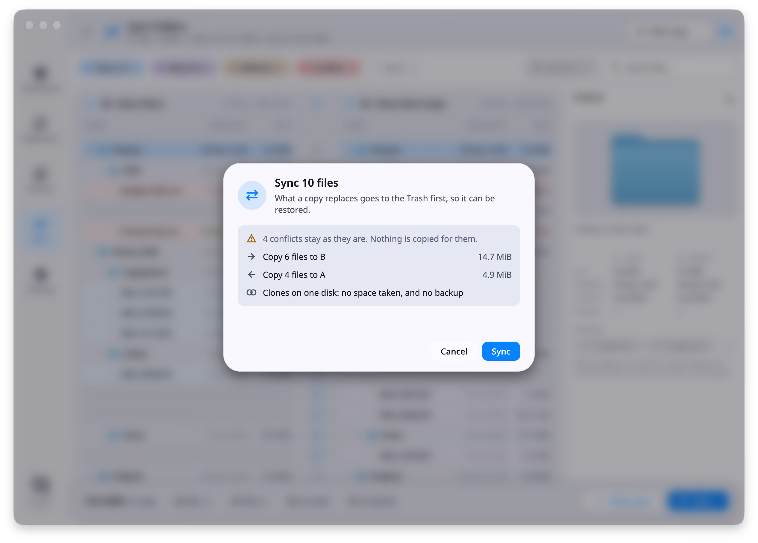 The run dialog, titled Sync 10 files, with the line What a copy replaces goes to the Trash first, so it can be restored. Its summary reads 4 conflicts stay as they are, Nothing is copied for them; Copy 6 files to B, 14.7 MiB; Copy 4 files to A, 4.9 MiB; and Clones on one disk: no space taken, and no backup. Cancel and Sync sit at the bottom.