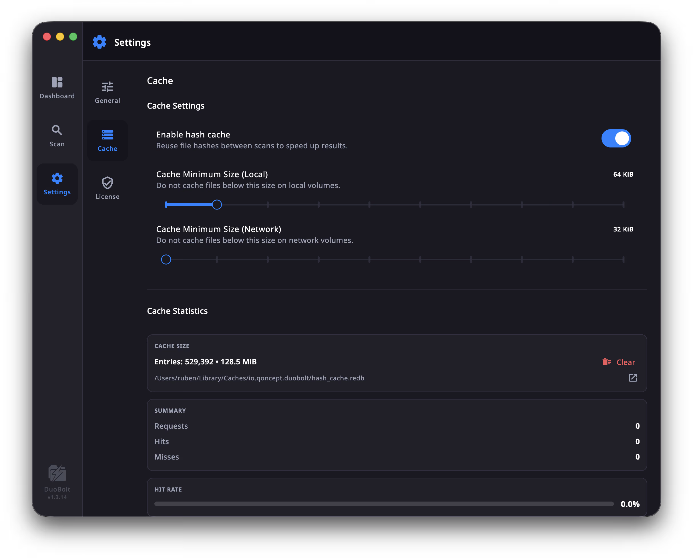 DuoBolt Desktop Settings — Cache panel with hash cache toggle, local and network cache minimum size sliders, and live cache statistics showing cached entries and hit rate