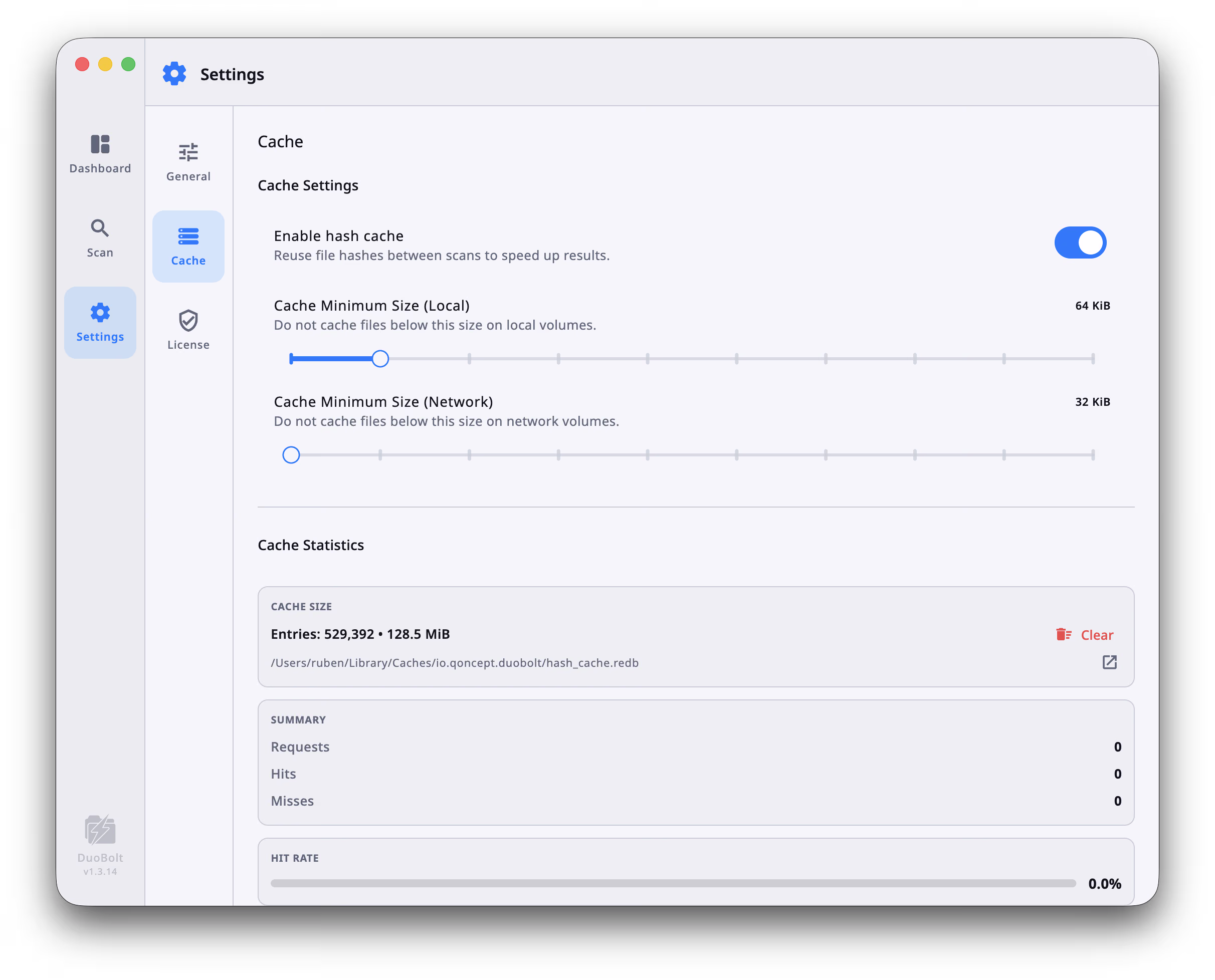 DuoBolt Desktop Settings — Cache panel with hash cache toggle, local and network cache minimum size sliders, and live cache statistics showing cached entries and hit rate