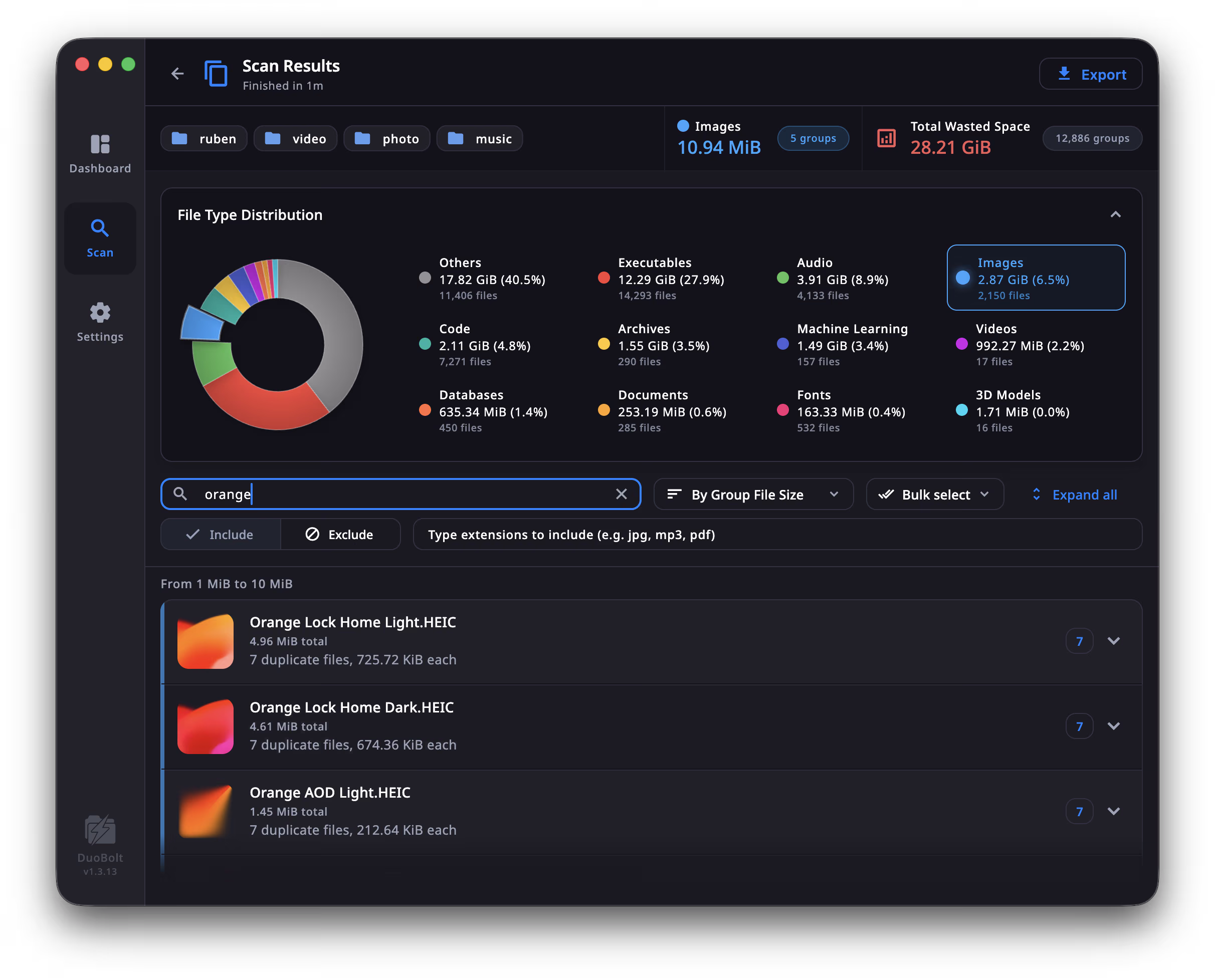 DuoBolt Desktop running on macOS — duplicate scan results view