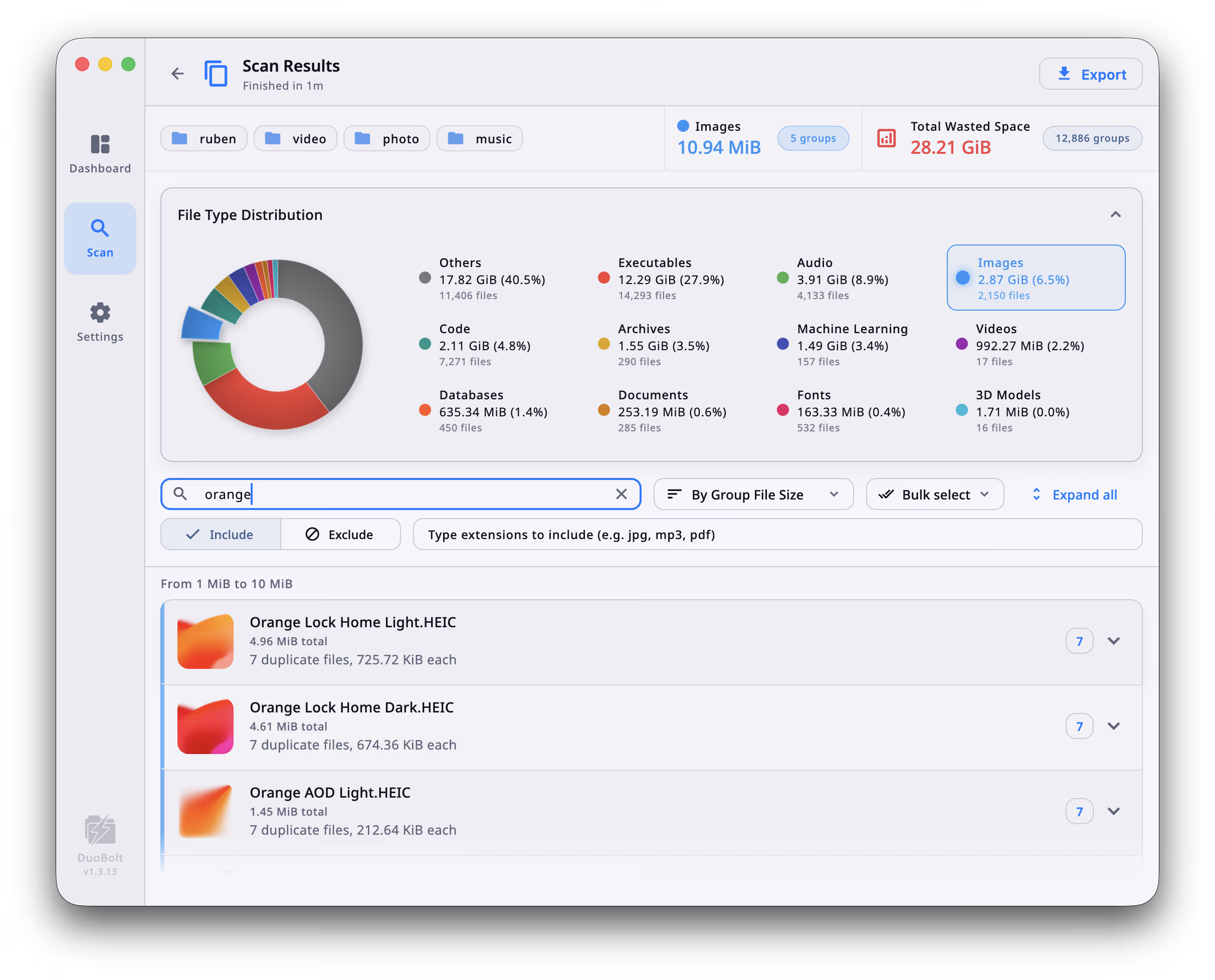 DuoBolt Desktop running on macOS — duplicate scan results view