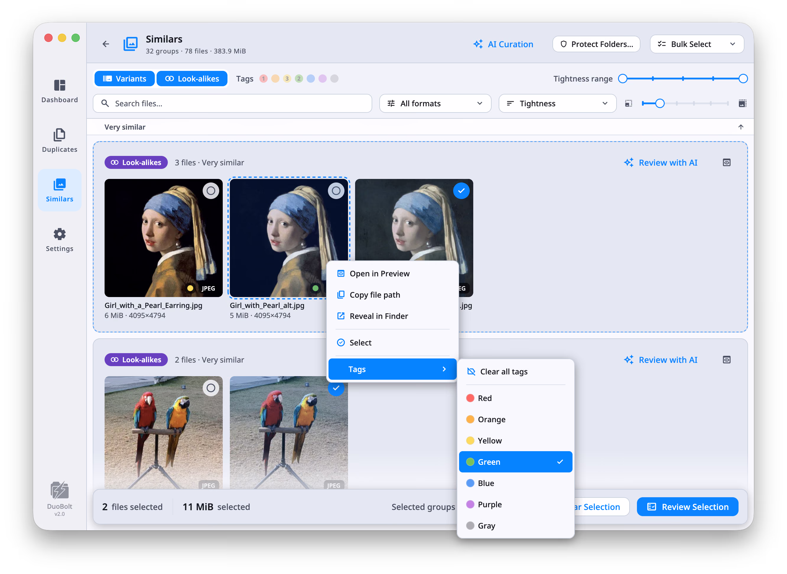 DuoBolt's Similars view: groups of look-alike photos side by side, each labeled with its kind and how tightly it matched