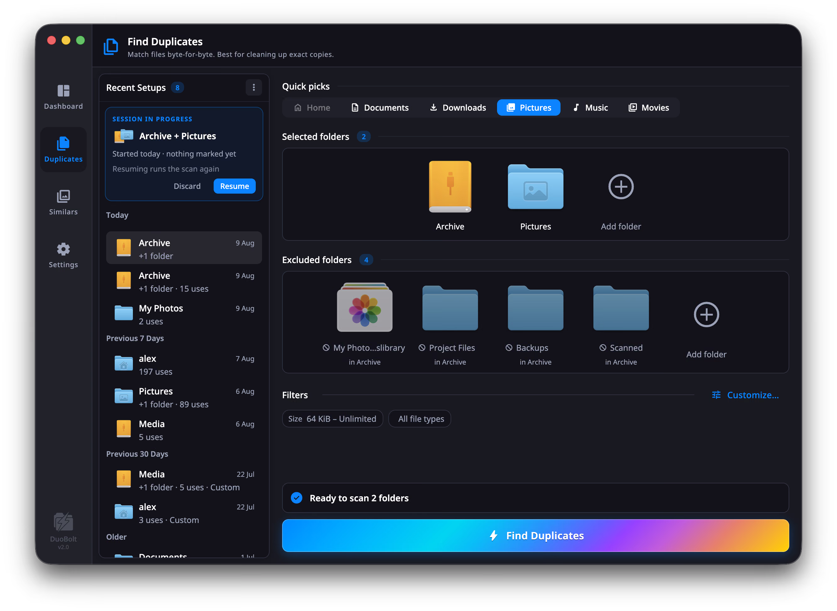 DuoBolt's Find Duplicates setup screen: quick picks, selected and excluded folders, size and file-type filters, and the Find Duplicates button